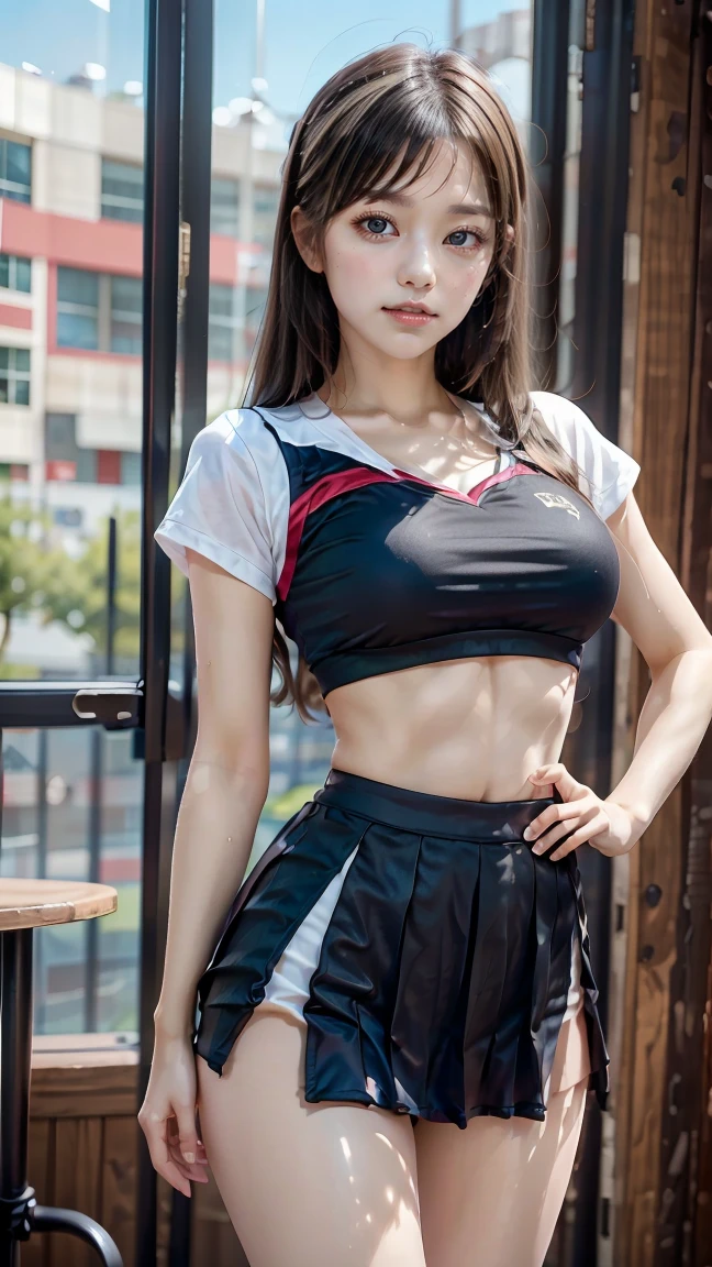 nsfw,8k、High resolution、masterpiece、Realistic、In detail、Fine texture、Head-to-toe portrait、High Contrast、alone、high school girl、Natural body shape、White skin、Natural Makeup、Black Hair、bangs、Straight Long Hair、((School-designated gym clothes))((White gym clothes for the upper body、long、Short sleeve、There is a wine red line))、((The lower half of the body is wine red tight bloomers))、Sit with your legs apart、Big Breasts、、((The upper body is wearing gym clothes))、((School classroom))、Looking into the camera、、Full body photo、Focus on the groin、Exposing thighs、White shoes下、White shoes