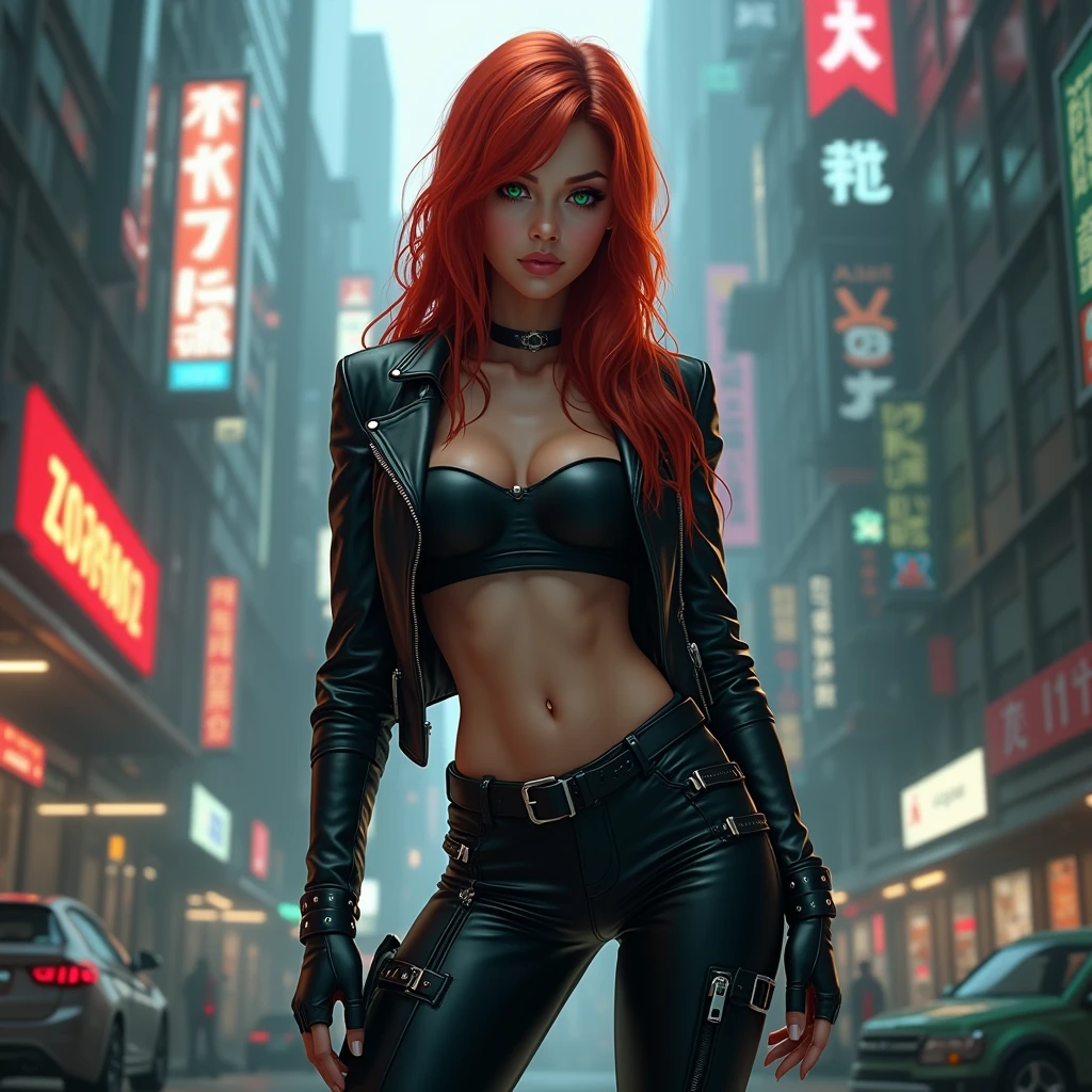 Red sith red bikini, dark smile, wet, rainy, sparks, particles, cyberpunk