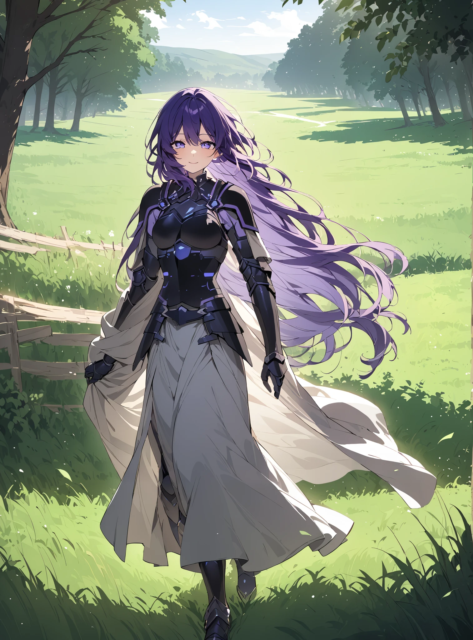 Woman with long purple hair , He wears a long robe that covers his armor and part of his face. walks through a green meadow relaxed and happy
