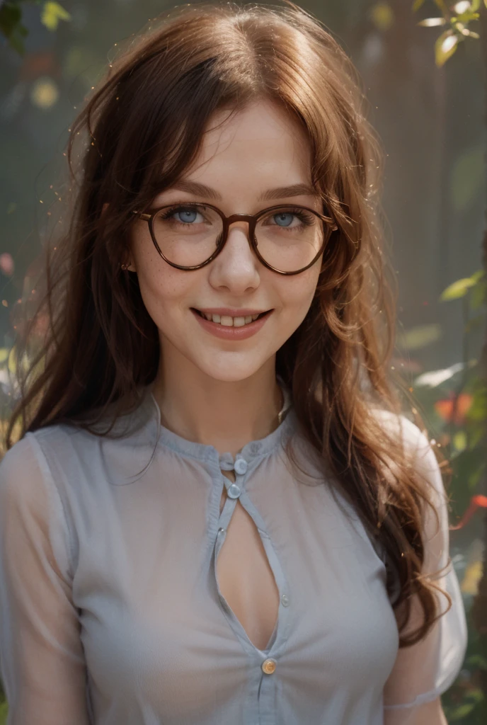 ((high resolution)), ((pale skin)), freckled, brunette (()) girl, with blue eyes, blushing cheeks, wavy hair, smiling, large breasts, as a sexy teacher, glasses