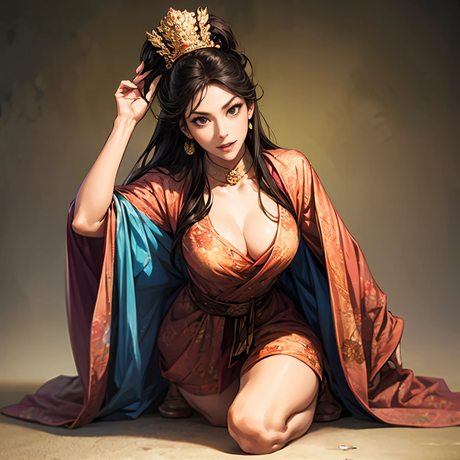 (( from head to thigh)), Three Kingdoms illustration , Female solo, Beautiful Woman, beautiful face, perfect hand , ( black hair ), sexy expression , excited expression, Various facial expressions, various poses, standing pose, sitting pose, Brilliant background , blurry background , ( full body image), Create an image of the king's woman , throne