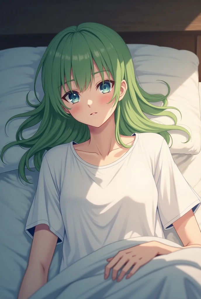 (morning love style) (in a cute negligee) (solo:2 straight green hair long hair lovely girl, love yellow eyes, love smile,15 yo), break, (in the hospital bedroom), BREAK, perfect anatomy, masterpiece, best quality, 16k, beautiful detailed darkness, daydreaming expression