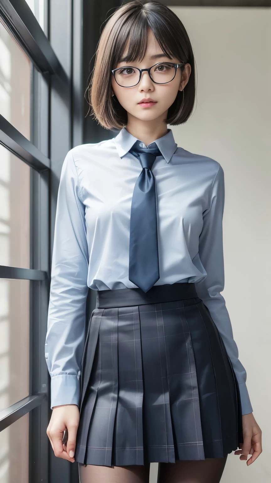 A twenty-year-old girl, Blue suit, Long dark brown hair, Blue pleated skirt, Blue tie, White shirt, Black boots, intricate details:1.2, photorealistic:1.4, delicate detailed, masterpiece, detailed, best quality Backlights, photorealistic, realism, cinematic lighting, best quality