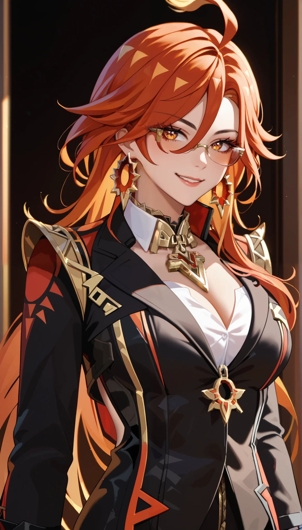 score_9,score_8_up,score_7_up, 1girl, solo, mavuika (genshin impact), black suit, formal suit, tie, white shirt inside the suit, Smile, Cowboy Shot, glasses, big breast, fixing her glasses