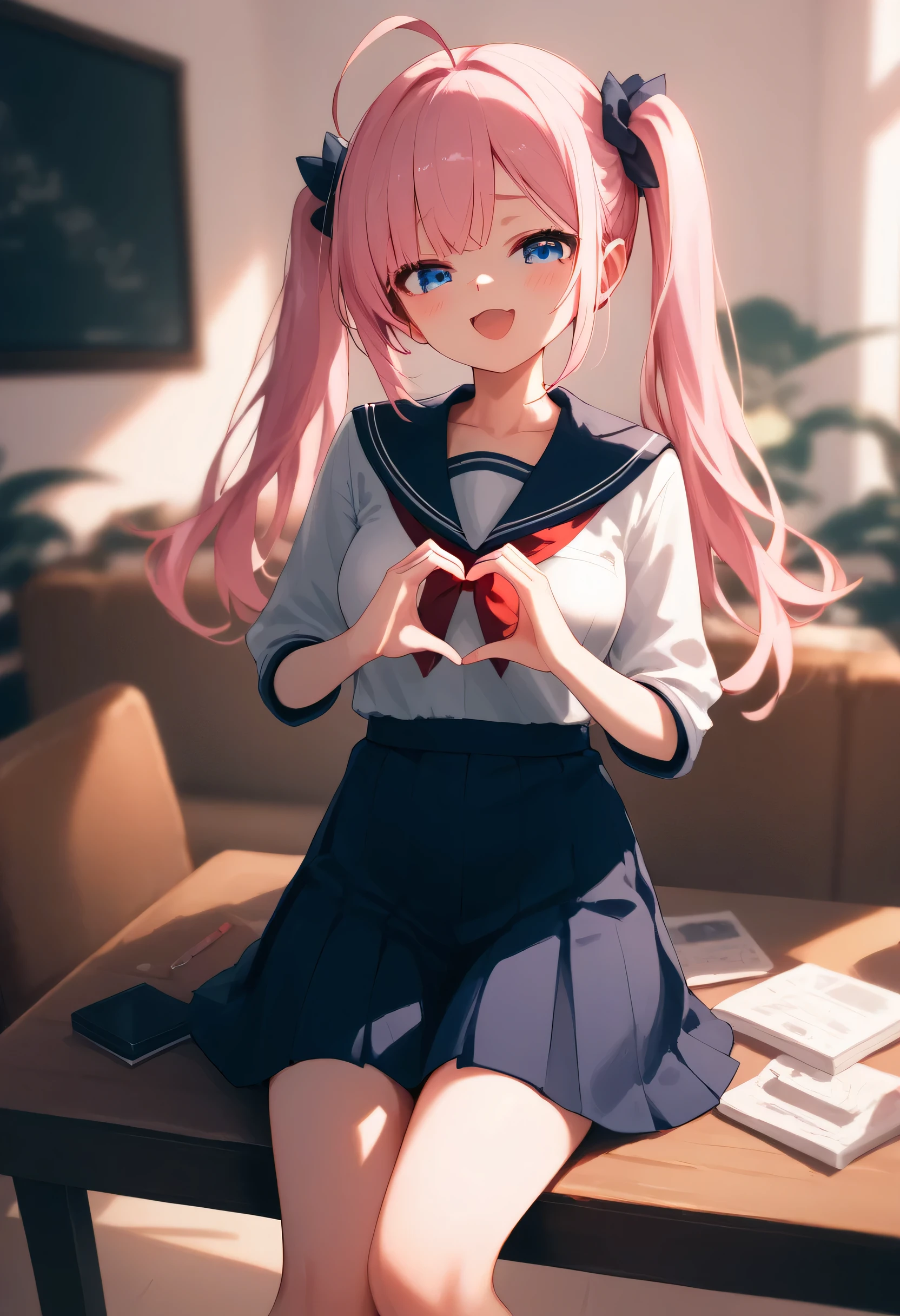 1girl, solo, blue_eyes, rating:s, looking_at_viewer, bangs, ahoge, medium breasts, blush, pink hair, long_hair, cowboy_shot, depth_of_field, perfect_hand, perfect eyes, indoor, (living room:1.5), black school uniform, straight hair, twintails, (sitting on table:1.5), :d,mesugaki, heart hands