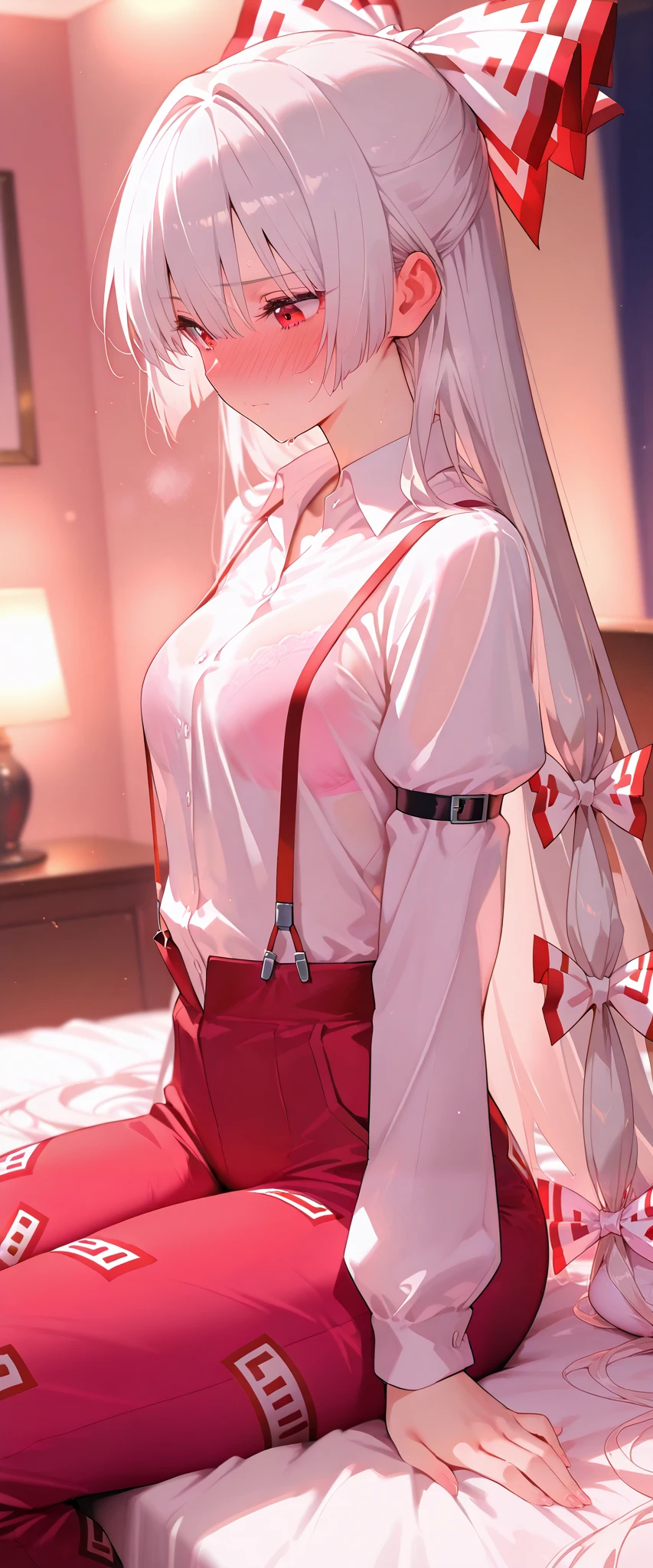 masterpiece, beautiful woman, adult female, cute, score_9, score_8_up , score_7_up , , rating_ general , bow,zzMokou, red eyes, hair between eyes, grey hair, hair bow, hair ribbon, long hair, very long hair, white hair, bow, suspenders, small breasts, white shirt, shirt, long sleeves, pants, white bow, red pants, collared shirt, slim, slender body, (NSFW, bra), (indoor, Love Hotel , bed, dim), full-face blush, speech bible, looking down, lovely face, embarrassed, sweat, full blush, loving you, hide your face with your hands when parting ways:1.3, lovely hearts:1.4, heart-shaped pup ils, speech bible, throw, source_anime, sitting on bed, (side view:1.2)