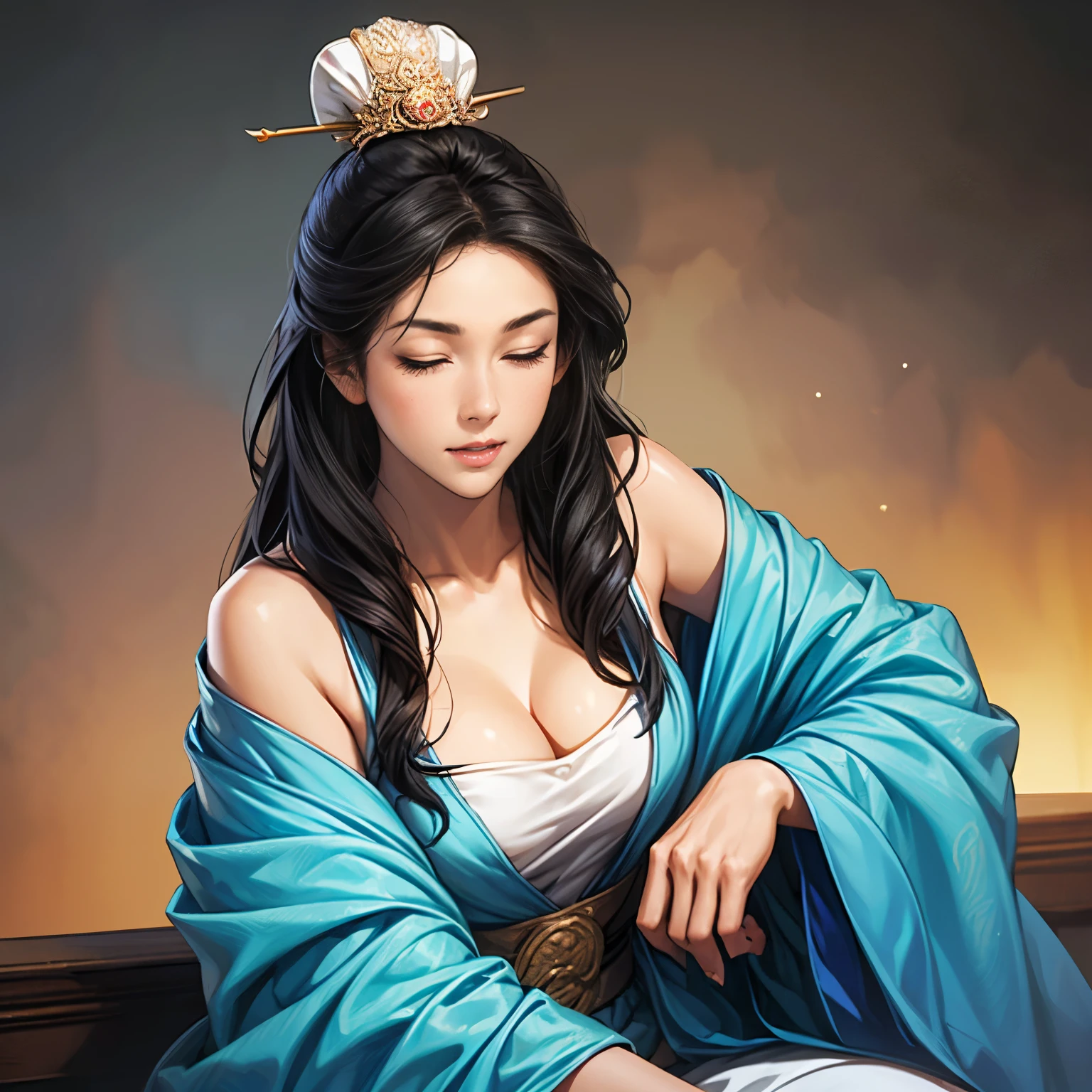 (( from head to thigh)), Three Kingdoms illustration , Female solo, Beautiful Woman, beautiful face, perfect hand , ( black hair ), sexy expression , Hana's expression with her eyes closed, wink your eyes, excited expression, Various facial expressions, various poses, standing pose, sitting pose, Brilliant background , blurry background