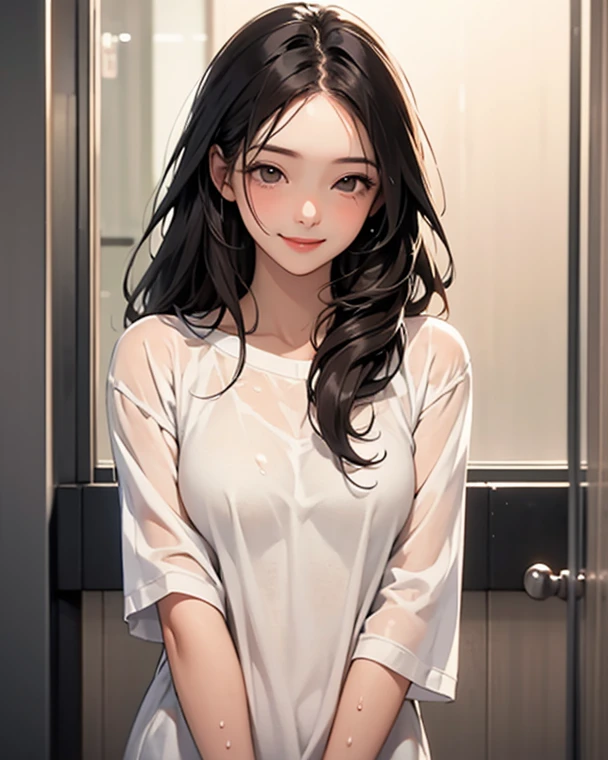 Sexy and cute woman, black brown hair, long hair, straight hair, weak eyes, blushing intensely, smiling, long oversized white shirt