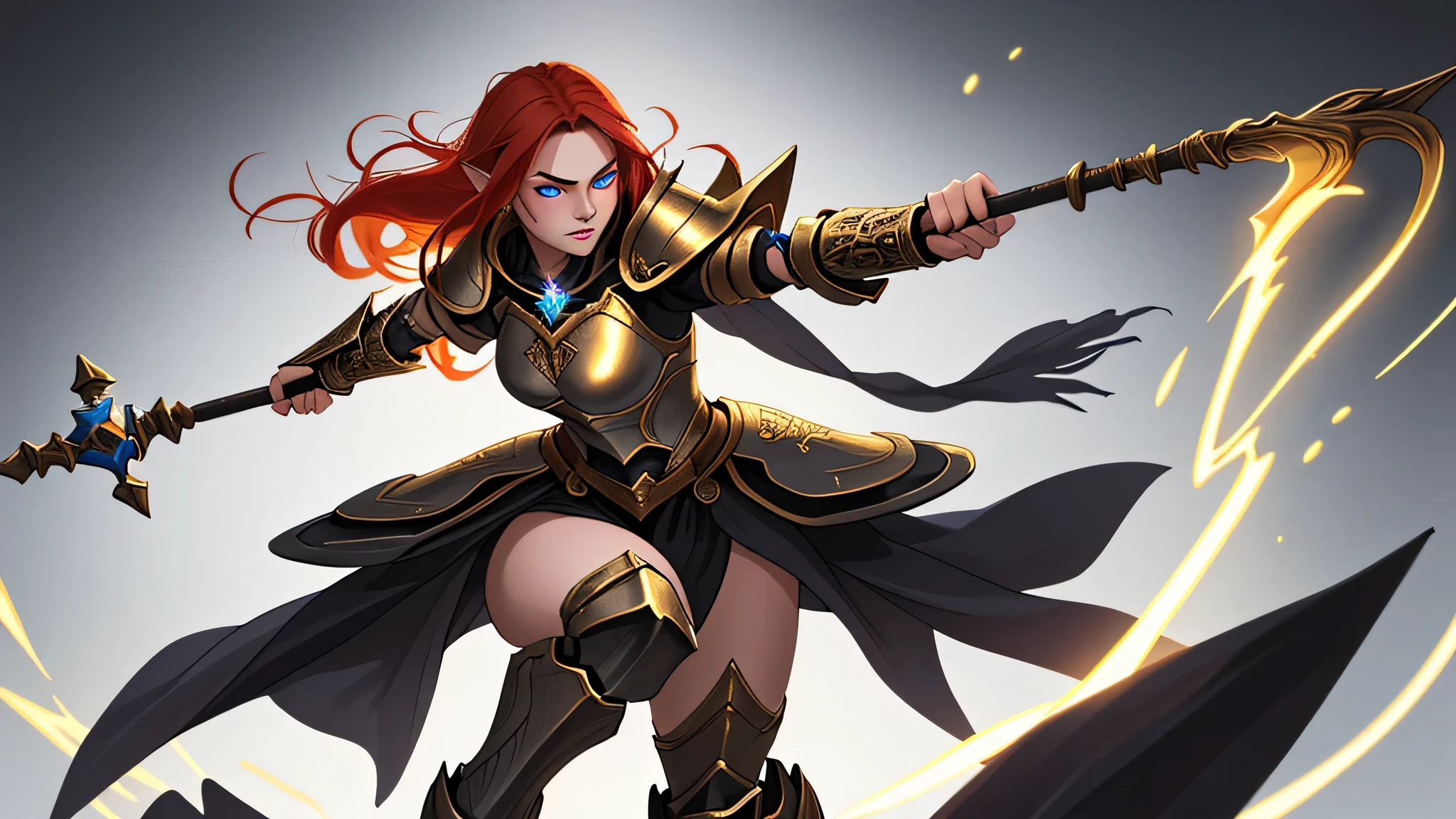 redhead amazon woman holiding a heavy longsword pointed skyward, thunder hitting the sword, hiperrealistic, intricated details, golden axe style, 8k
