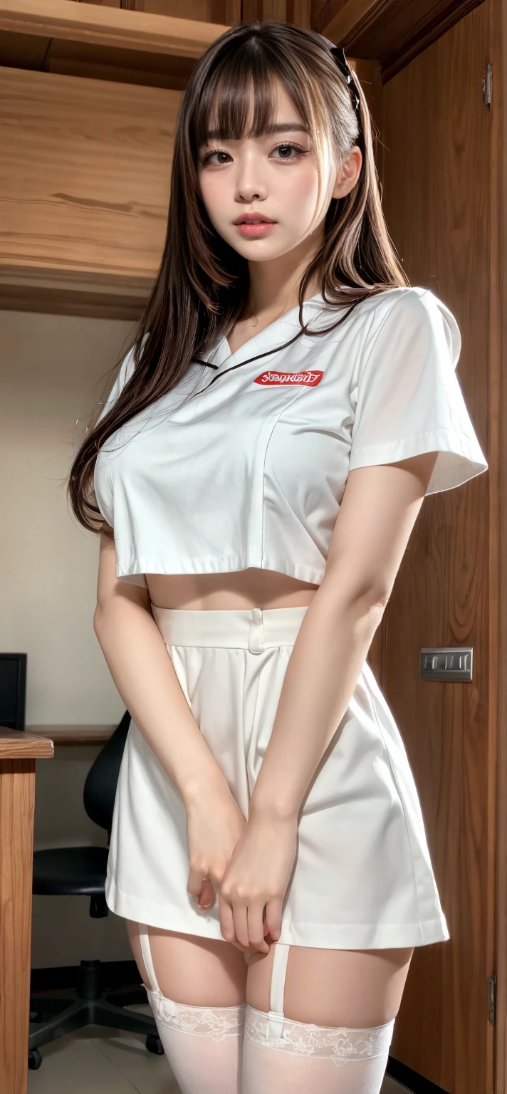 Arigameplays, , wide, by rubio, green eyes, pink lipsticks, SMILE, standing, sharp contour, short sleeves, mature woman, 35 years old, Best Quality, Masterpiece, (White nurse uniform), not good, perfect body, White socks