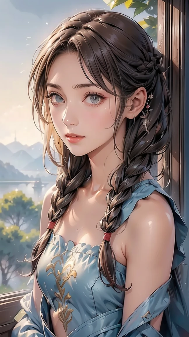  (( best quality)), ((masterpiece)), (  Details),  1 girl in the best, (Large forehead:1.2),extremely   Details cute anime face, ((( Plane))), ( Plane:1.1),(((( long twin tail , Extremely Detailed Anime Cute Face , long braids , braid hair, long hair)))),Complex eyes,beautiful   Details eyes, symmetrical eyes,(((  Details face))),beautiful   Details lips, Look at this, ((( Embarrassing))),( expression of fear),( panic),( crying), high resolution,( best quality),(ultra   Details,extremely   Details), perfect face details, ((masterpiece:1.4,  best quality))+, (ultra   Details)+,  long twin tail , cute girl, ( Plane:1.1),  small breasts,  slender body,  skinny, (( Slim waist)),  Prominent clavicle ,  skinny arms, Flat stomach, Visible hip bones,  long hair, Red Hair, Gray Hair,   blonde hair,  dark haired,  ponytail, thick  ponytail, heavy  ponytail,  small breasts,  perfect face,  small breasts ( Plane:1.1),   Exposing Long Dress, Detailsなボディ， total limb， (  facing the front ),  ( Plane:1.1), shortage々A fresh environment,  Jungle, nature 、((Small face))