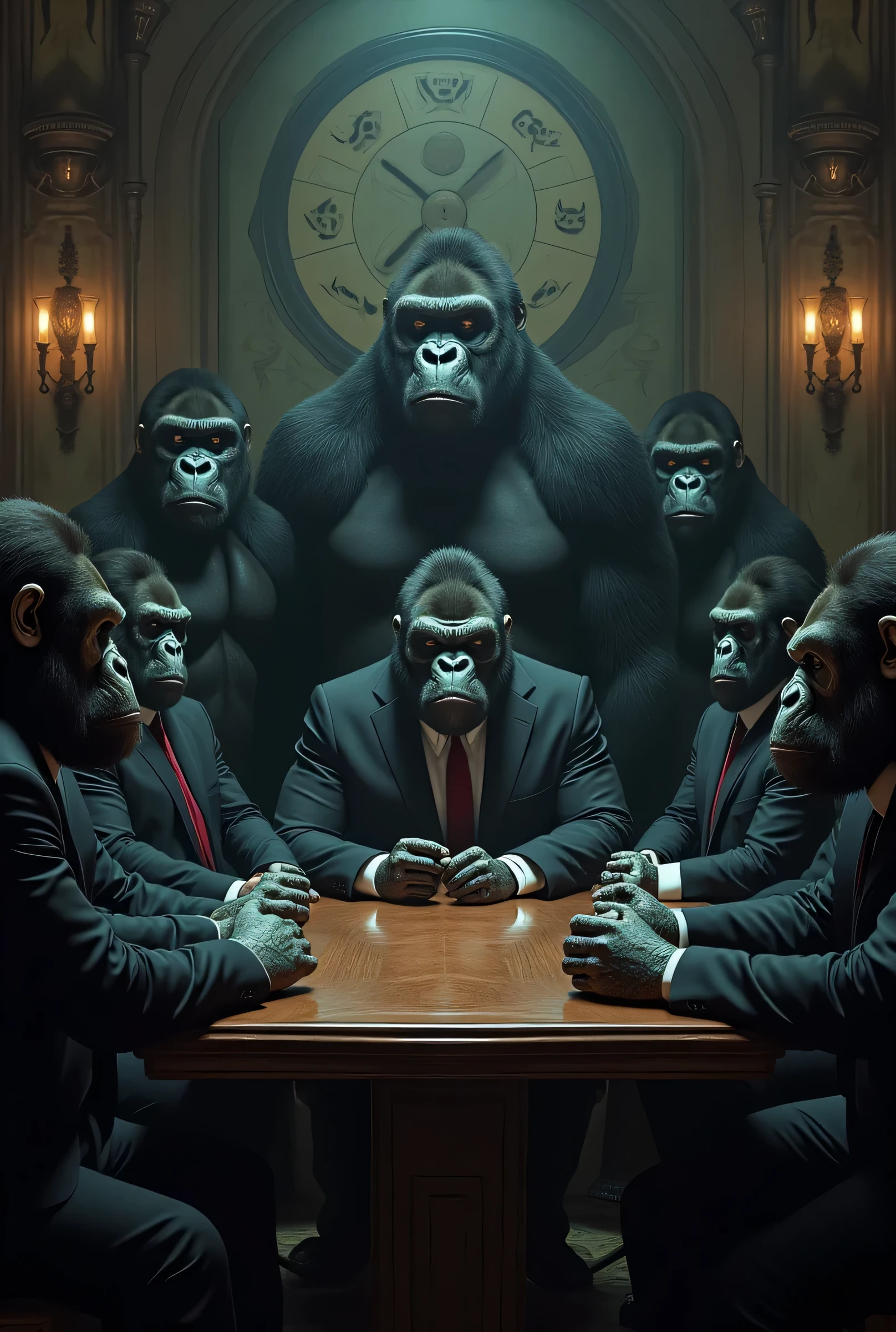 historical painting, panorama shot, in the hallway, gorillas debating, gorillas makin an argument, gorilas in colonial outfits, conversation, colonial era style, detailed clothing, serious faces, dialogue, negotiation , at the table, negotiation table, gorillas in colonial suits, gorillas in military equipment