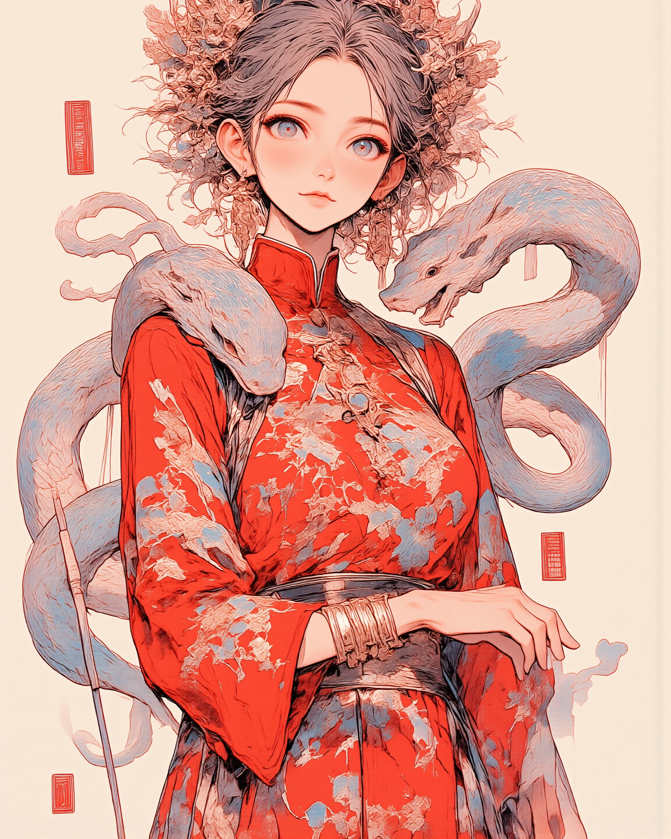 masterpiece、 best image quality、 best quality、 delicate depiction、 detailed description、 beautiful、 watercolor、art、 showing the profile of a Chinese style girl in a red dress from the front 、Extend your right arm straight、Lion Dance of the Serpent、(( beautiful one white snake wraps around the right arm of a girl wearing a Chinese red costume 2.0))、A snake、Chinese style girl in red dress 、 beautiful costume 、 Chinese、 Fantastic、 Chinese New Year、((A white snake 1.8))、Red bonbori、Qutuan 、 Chinese New Year background 、Festive background