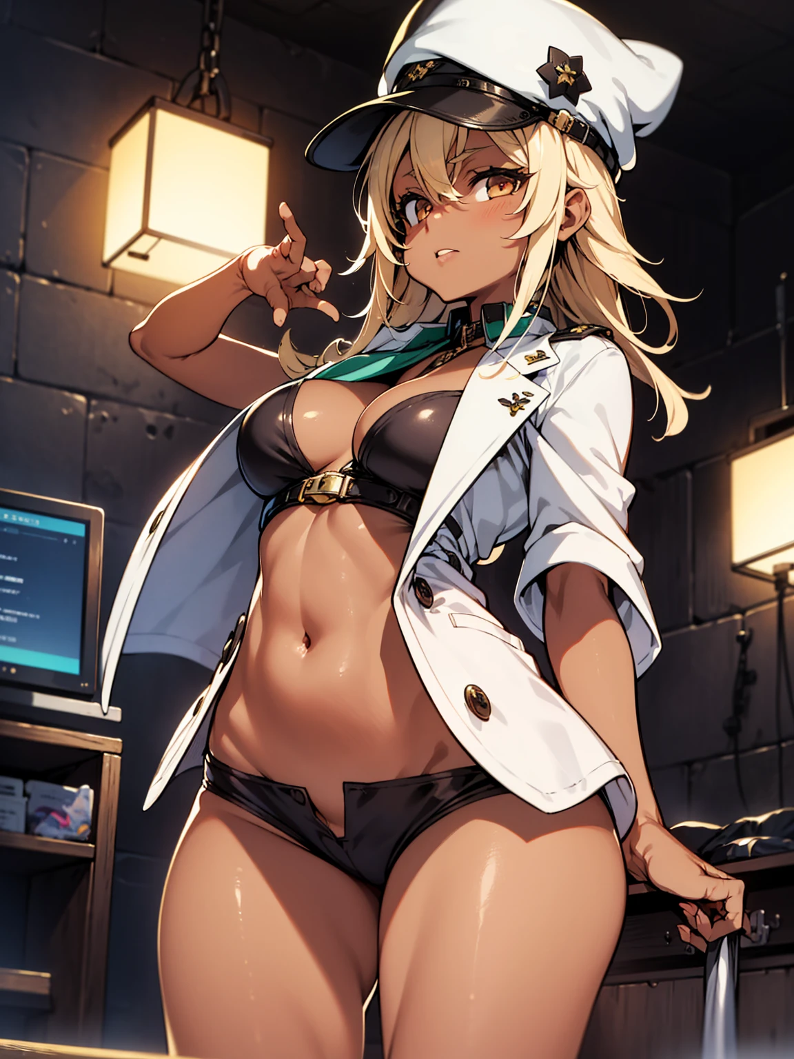 Masterpiece, best quality, Masterpiece, best quality, 1 woman , blue eyes , yellow ponytail , sly face , smile , look up , black bikini , abdomen, big breasts , Long legs , hands on hips , barefoot , abandoned factory , snowy