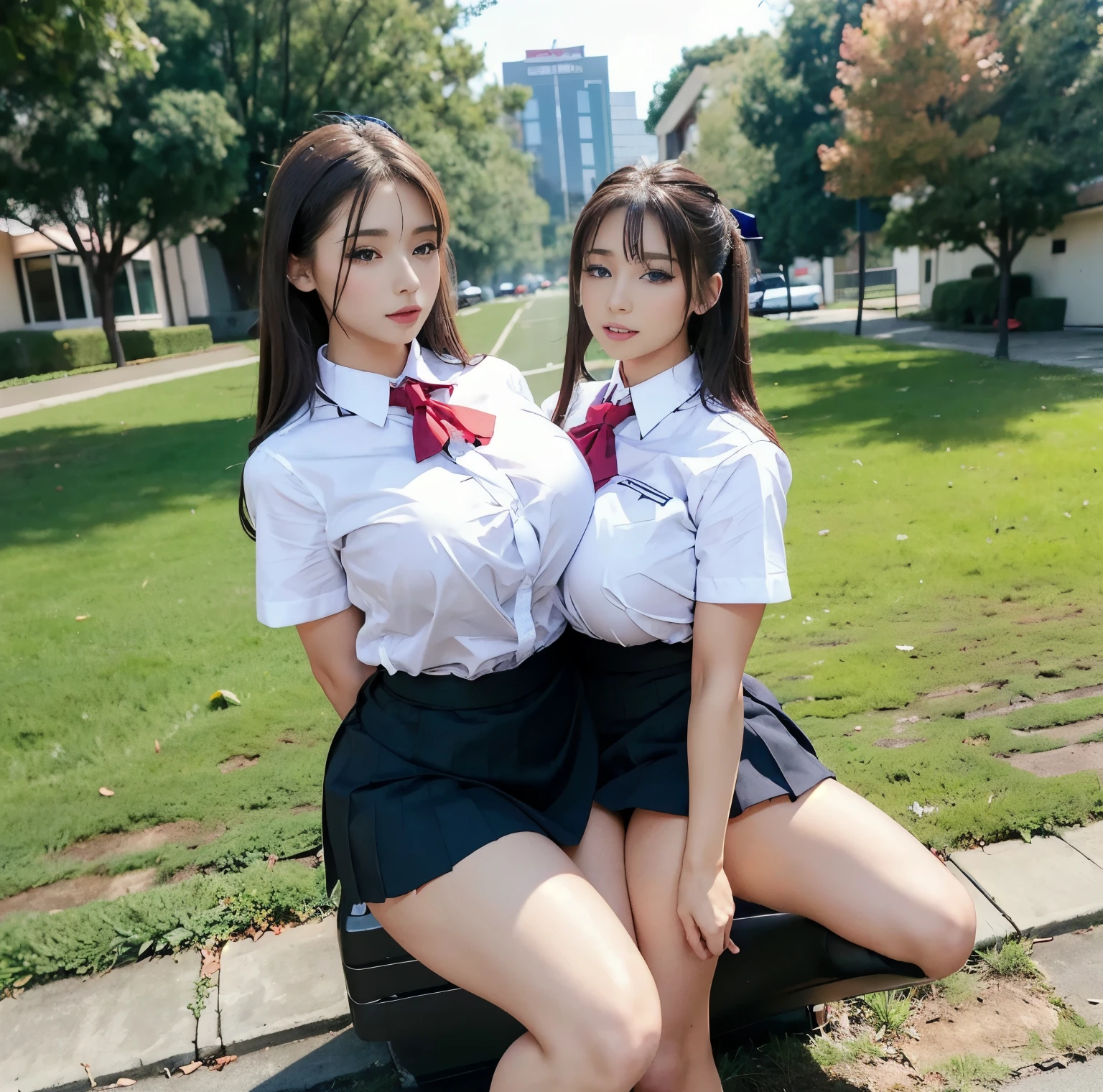 (top-quality)、 (masterpiece)、(profetional lighting)、 (Bewitching:1.2)、 (A hyper-realistic)、(Stylish), (intricate detailes)、 (perfect anatomia)、(Girl proudly standing in front of camera shows off her breasts、The other girl on the other side F is、Bend over and stick your butt out towards the camera), ( Huge breasts:1.4), ( Huge ass:1.2), (Bright whitening skin without wrinkles and steps,:1.3), (Beautiful bright blue eyes with long eyelashes and red tear bags)、(shiny little lips)、 (Braided half-up hair shines with backlight), (The costume is a micro mini length high school girl uniform:1.5), (Proudly showing off her breasts with both hands from the front:1.5), (The other girl on the other side F is、We will show off from directly behind to beautifully complement the proud super big ass、Bend over and expose her ass:1.2), (the face is chubby), (They are kissing face to face while touching bewitching:1.3), (detailed beautiful faces), (Shot in a garden full of flowers:1.2),