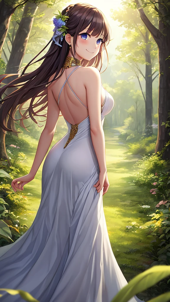 Luxury girl, cosmic eyes, plump lips, majestic look, open back, evening dress, full height, slim body, long legs, voluminous hairstyle, summer garden, delicate flowers, soft shades, ultra detailed, extra rendered, 4k, HDR, bokeh