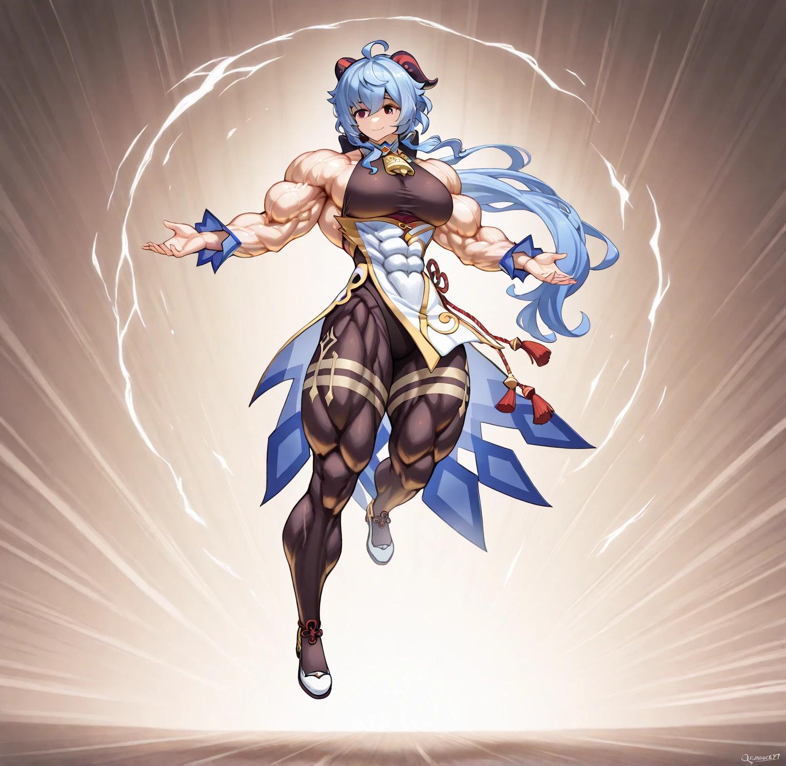 Anime Asuna als Bodybuilder in wettkampfbikini, feet,barefoot, nimmt eine Bodybuilding Pose ein, Ripped abs, Ripped legs, Full pose, Ripped vascular biceps, her muscular body shines in the spotlight, Bodybuilding competition, ganze Person, highest quality
