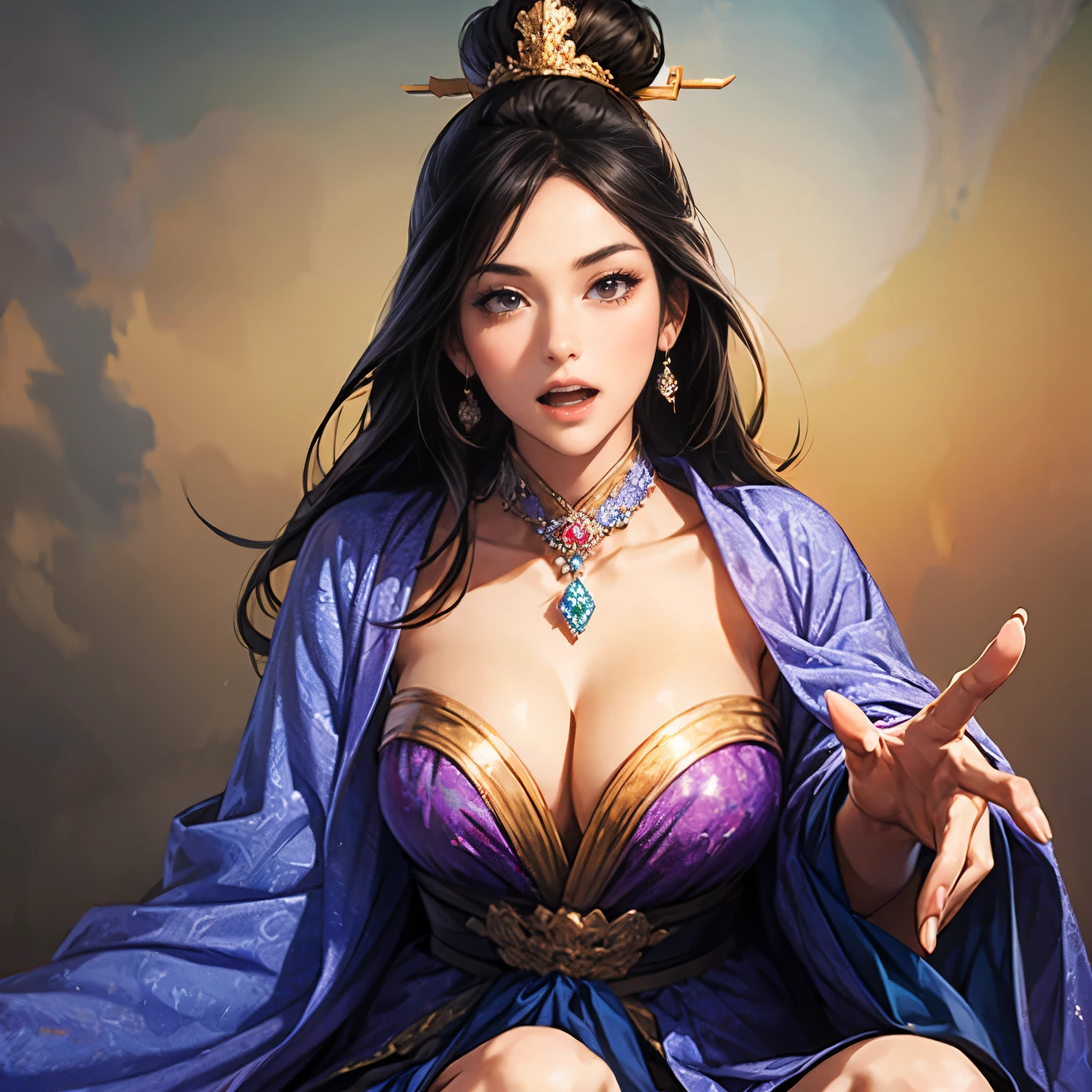 (( from head to thigh)), Three Kingdoms illustration , Female solo, Beautiful Woman, beautiful face, perfect hand , ( black hair ), sexy expression , wink your eyes, excited expression, Various facial expressions, various poses, standing pose, sitting pose, Brilliant background , blurry background