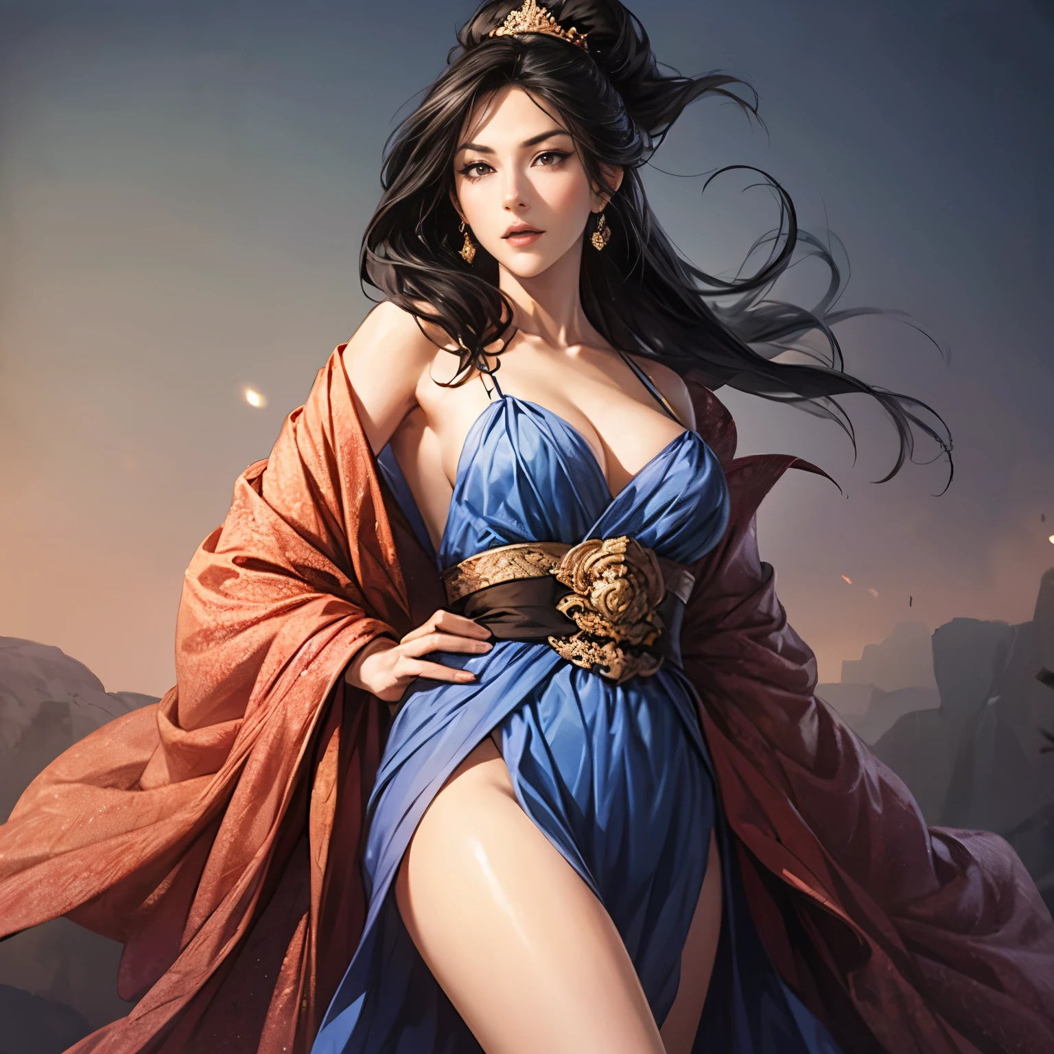 a beautiful woman with long dark hair, blue eyes, and sculpted facial features, wearing a red and gold armored costume, wielding a sword and lasso, standing in a lush tropical paradise setting with beaches, palm trees, and ancient Greek architecture in the background, dynamic action pose, photorealistic, 8k, highly detailed, dramatic lighting, vivid colors, cinematic style