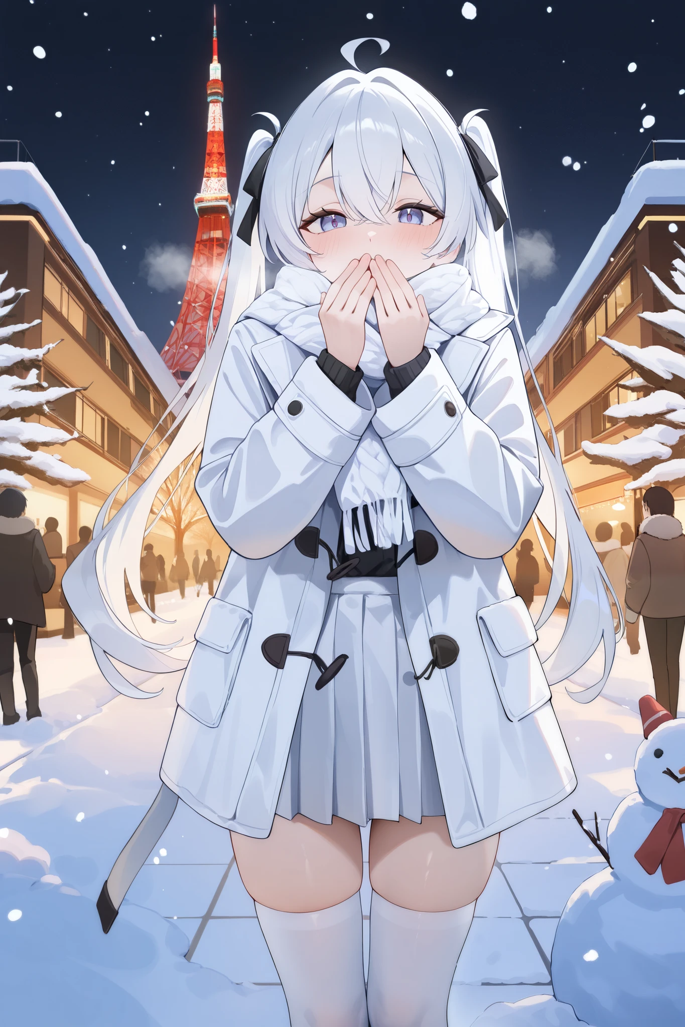 1woman, White hair in twin tails, intricate detailed, Cowboy Shot,
A white turtleneck sweater, a white duffle coat with a fluffy collar, a white pleated skirt, white knee-high socks, white boots, a white woolen scarf,
In the snow, he brings both hands to his mouth and blows into them. His breath is white, his nose is red, his face looks cold, a blizzard,
Tokyo Tower, lighting, sidewalk, snow, winter, night view, skyscrapers, illumination, people, winter clothes, warm drinks, café, snowman, ren, snow play, trees, tranquility, liveliness,
masterpieces, best quality, absurd, intricate detailed,