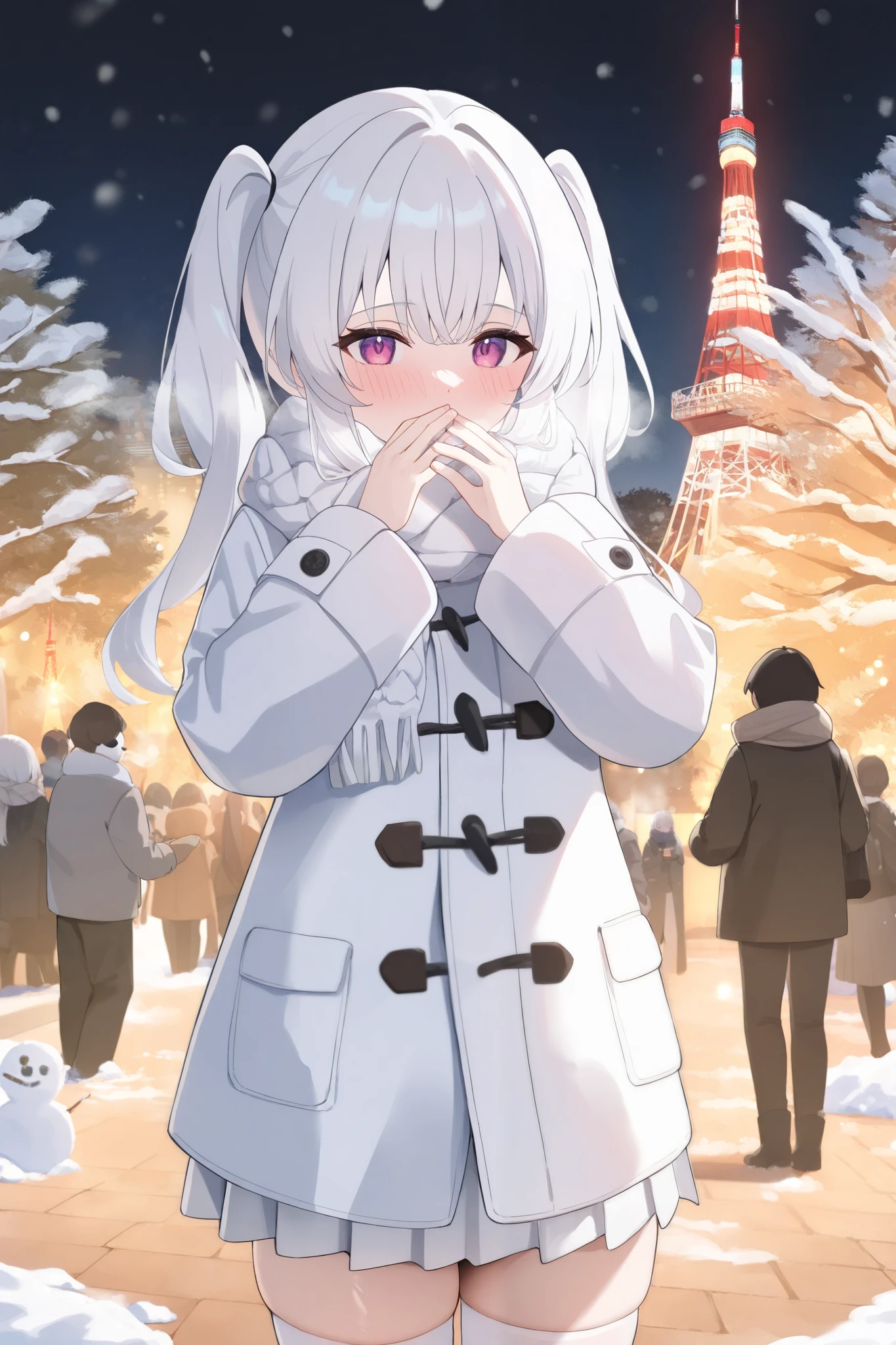 1woman, White hair in twin tails, intricate detailed, Cowboy Shot,
A white turtleneck sweater, a white duffle coat with a fluffy collar, a white pleated skirt, white knee-high socks, white boots, a white woolen scarf,
In the snow, he brings both hands to his mouth and blows into them. His breath is white, his nose is red, his face looks cold, a blizzard,
Tokyo Tower, lighting, sidewalk, snow, winter, night view, skyscrapers, illumination, people, winter clothes, warm drinks, café, snowman, ren, snow play, trees, tranquility, liveliness,
masterpieces, best quality, absurd, intricate detailed,