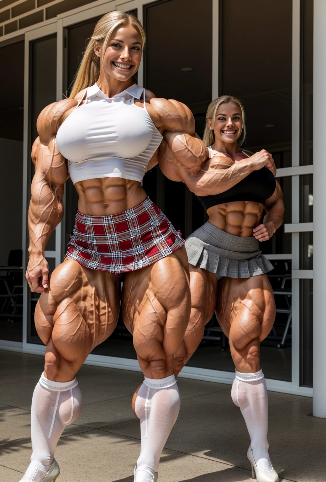 (Muscular:2.2), (thick thighs:2.2), 
female, (two muscular blonde girls holding hands and smiling for the camera:1.5), blue eyes, blunt bangs, long hair, (big smile:1.6), hard nipples, beauty mark, (small breasts:1.7),
eyeshadow, lipstick, choker, (lingerie , bracelet:1.7),
looking at viewer,
dark bedroom, rim lighting, detailed skin, detailed eyes
