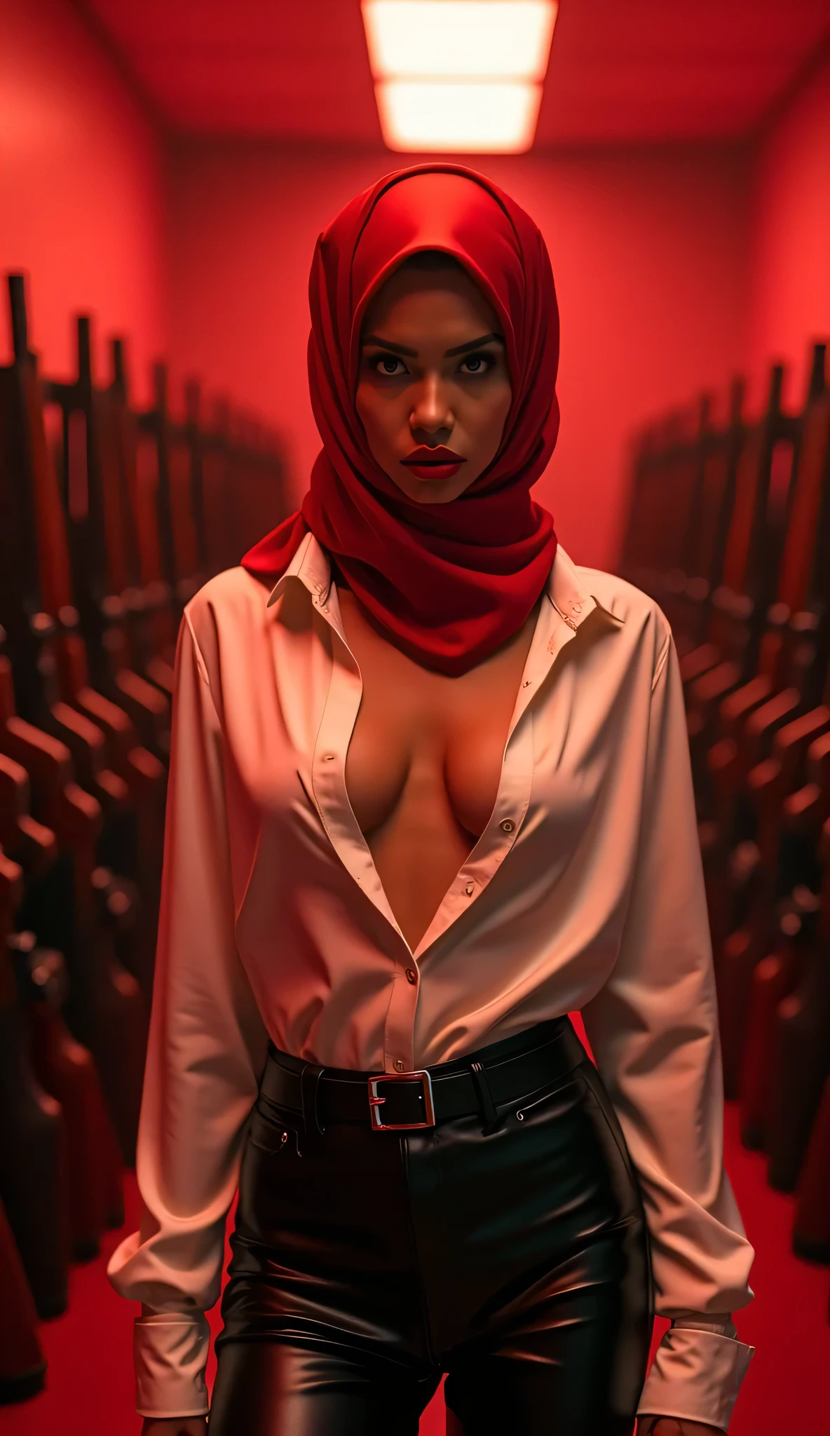 Inside the mosque, a woman wearing a headscarf, an open-fronted red leather jacket, big bare breasts, short pink socks, a red miniskirt, and red lips.