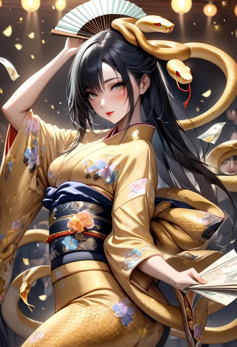 (masterpiece,  best quality:1.2),  female 1 person,  alone,  beautiful eyes, Snake goddess with long black hair, Golden Snake ,  hip swing dance  , Gorgeous Kimono, Use paper money as a hand fan, Place one hand on the waist and raise the bill above your head , The bill dances,  detailed and realistic skin texture ((  Glitter Effects  ))