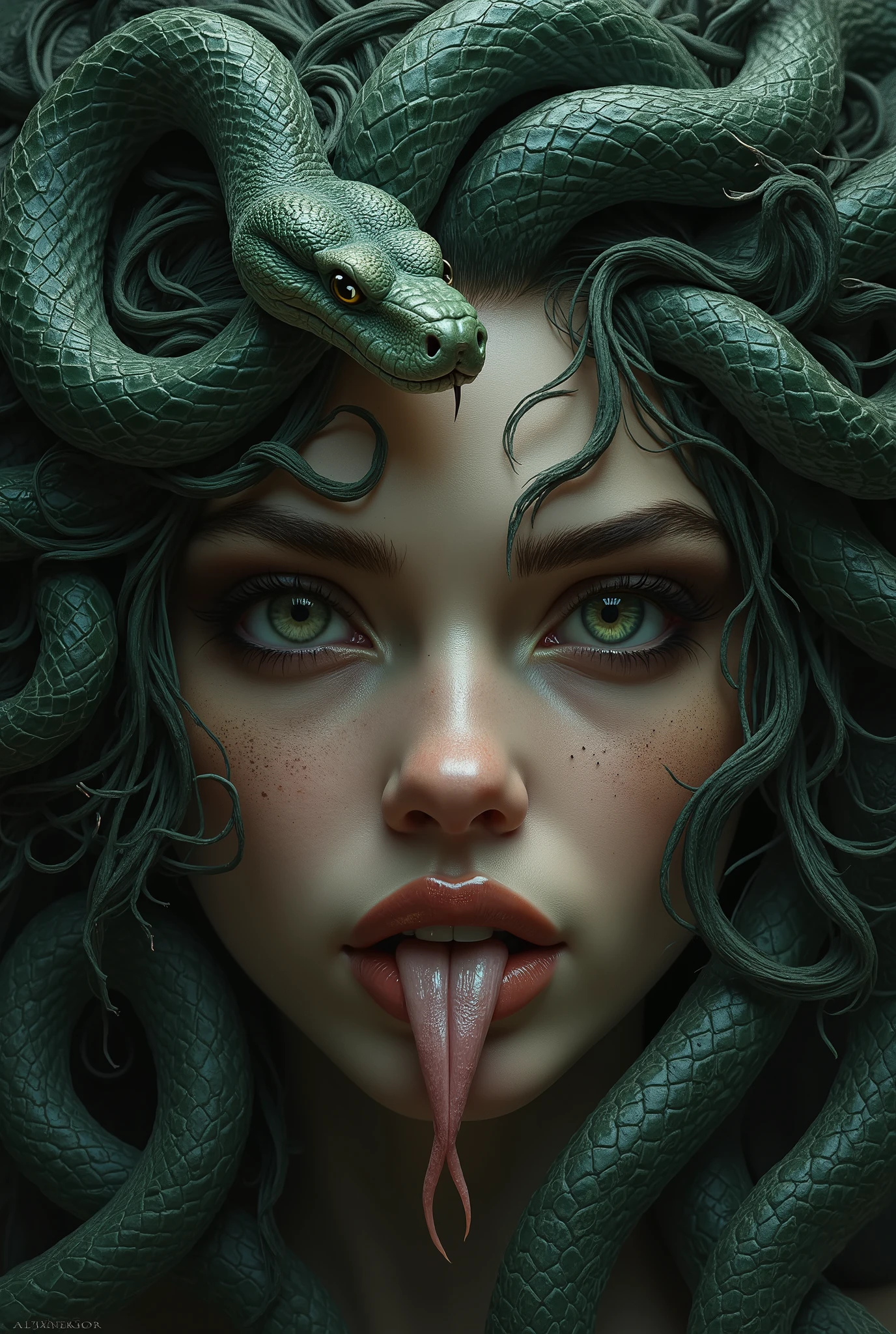 Medusa beautyfull face seductive expression licks its upper lip with its human tongue, angry snakes on her head