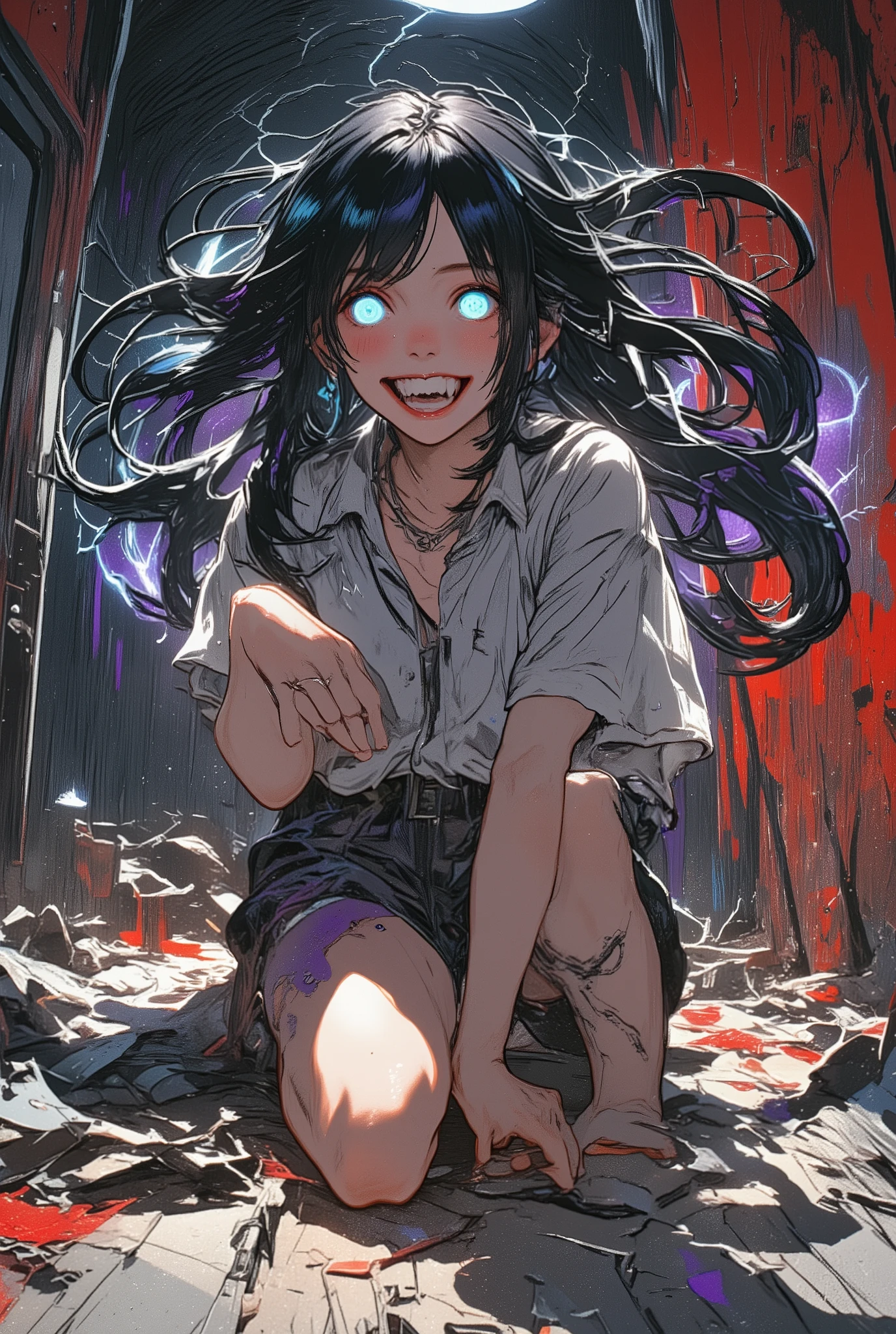 masterpiece, best quality, ultra-detailed, dramatic lighting, vibrant color palette, bold composition, a striking and intense depiction of a young girl kneeling in a dark, eerie room, her long jet-black hair flowing wildly with sharp, vibrant highlights catching the dim light, glowing neon-blue eyes piercing through the darkness, wide grin revealing sharp fangs with bright white highlights, pale skin contrasting vividly against the grimy, unsettling background, wearing a loose white shirt and dark shorts painted with rich, vibrant colors, the room rendered with surreal intensity using deep reds, purples, and blues, vibrant colors contrasting sharply with the dark tones, broken objects scattered across the room to hint at chaos and tension, dramatic contrasts of bright highlights and deep shadows emphasizing the supernatural and eerie atmosphere, an electrifying and intense energy flowing throughout the scene, the dynamic lighting and vibrant colors amplifying the sense of tension and excitement, creating a surreal yet captivating depiction.