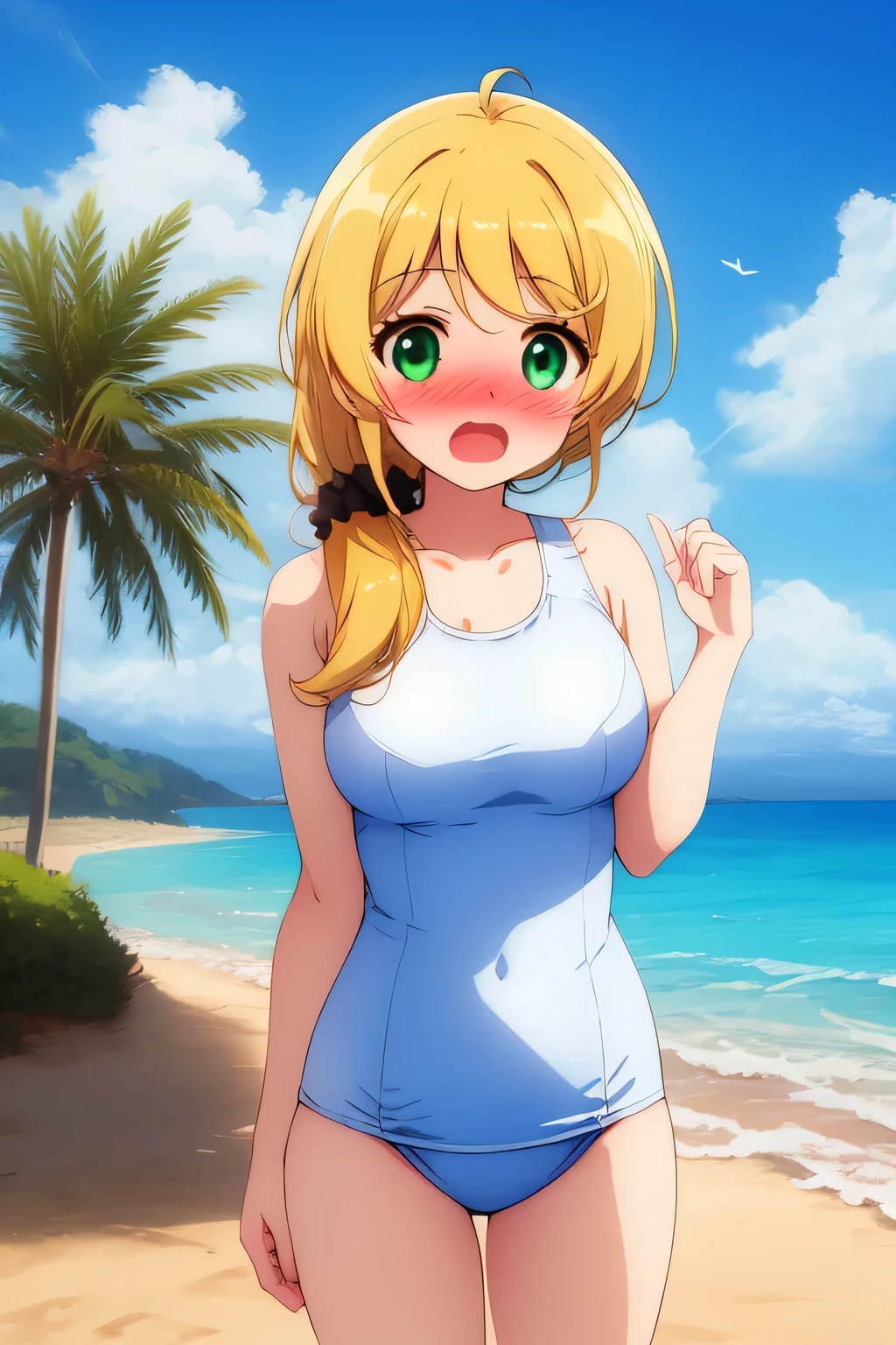 1girl, cowboy shot, beach, nose blush, open mouth,
ellen_baker, green eyes, blonde hair, long hair, hair scrunchie, school swimsuit, best quality, masterpiece, highres,