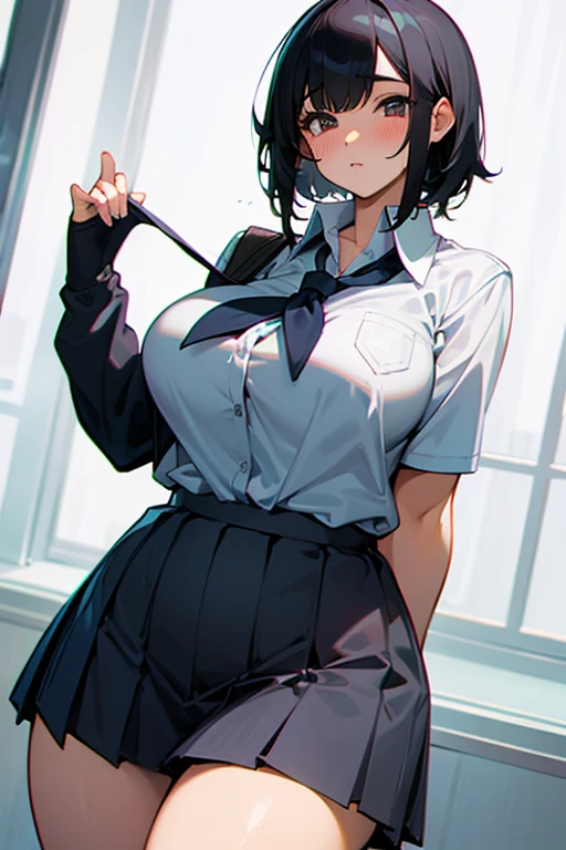 dark skinned female, shirt lift, black bra, skirt lift, white panties, ponytail, bun, short hair