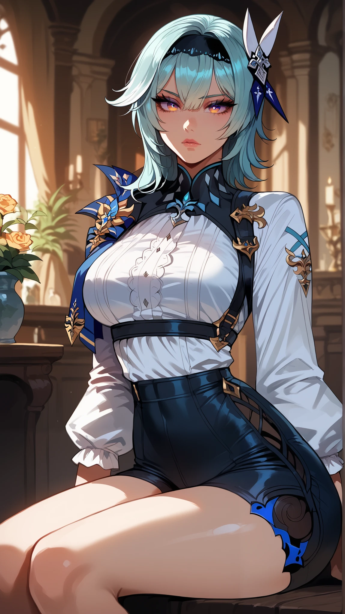 Eula style, perfect eyes, perfectly sexy face, ultra detailed, ultra perfect eyes, big beautiful woman , sitting, dark blue shorts, Body, looking at the spectator,