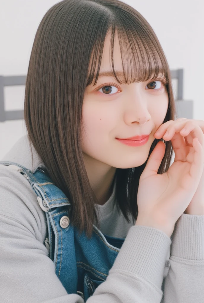 (((Top-Down Configuration:1.4))), ( best quality:1.4), (ultra highres:1.2), ( photorealistic:1.4), (16k,  RAW photo:1.2), (  as a portrait shot:1.3),  professional lighting,  Japanese Goddesses , gravure,  detailed face and skin texture,  detailed eyes ,  camera on the ground, ,  beautiful eyes,  detailed eyes , Beautiful young face ,  detailed face, ((smile:1.3)), ( best quality),  growing skin, (Smooth lighting:1.2), (Cinema Lighting:1.2), (  long brown hair  ), (bangs:1.4), ((  overalls :1.2)), (Shoulders:1.2), ((Emphasis on cleavage:1.7)), ( :1.4), ((as a  to  )), (( camisole:1.3)), (  Thighs :1.2), (  white thigh  :1.1),  is sitting, seiza, ( lean forward), (Hands on knees), From a little above,