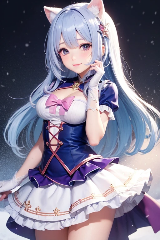 ((showing panties)),((magical girl)),(pillar of thunder),(breast focus),(cute pose),(solo),(battle field),(a cute girl),(twintail),eye highlights,(red left eye),(blue right eye),(beautiful silver hair),(white skin),(middle breasts),(smile),((magical costume)),(mini skirt),(masterpiece),(best quality),(extremely detailed game CG)