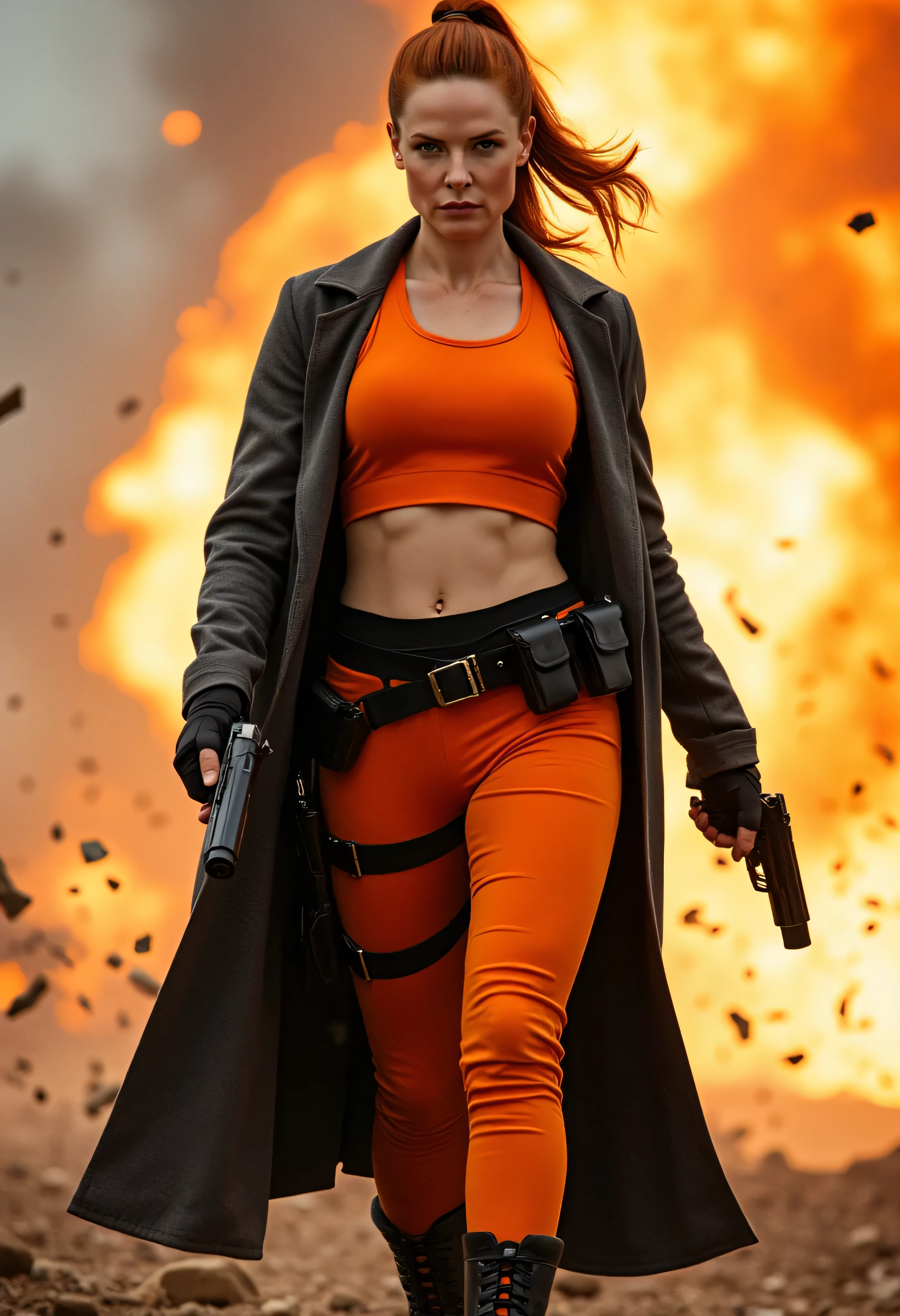 professional portrait of Rebecca Ferguson as Elsa Bloodstone, long fiery red hair tied back in a high ponytail, sleek fitted orange outfit, cropped top, tight pants, black tactical belts and holsters, dark grey open coat, flowing dramatically, black boots, wields two pistols with confidence, fierce determined woman, standing, action-packed battlefield, fiery explosion, debris flying, intense action movie scene, bold focused expression, subtle grain, cinematic quality, fine art photography, film still, movie scene, w4rh4mm3r style oil painting