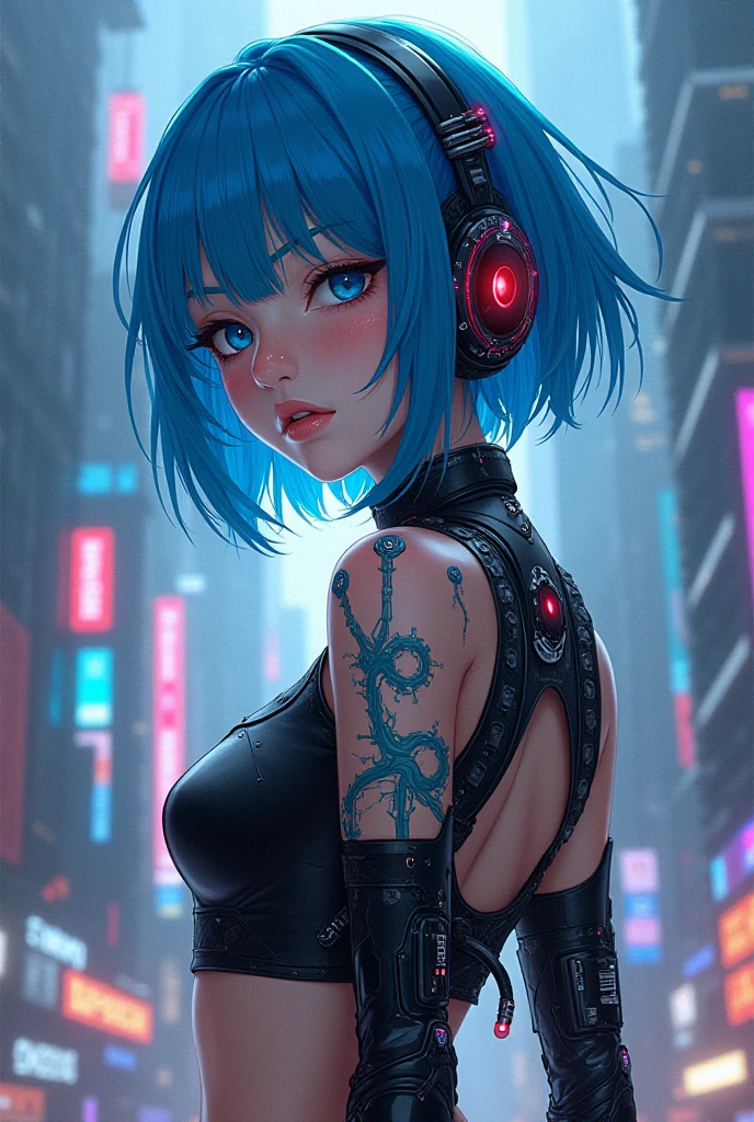 (masterpiece), best quality, expressive eyes, perfect face,masterpiece, high quality, very detailed, Short, A-line bob, vibrant hair color, tech-inspired hair accessories, expressive eyes, high cheekbones, bright lips, holographic makeup, futuristic attire, confident, bold, advanced, flat colors, ????????????, mini skirt