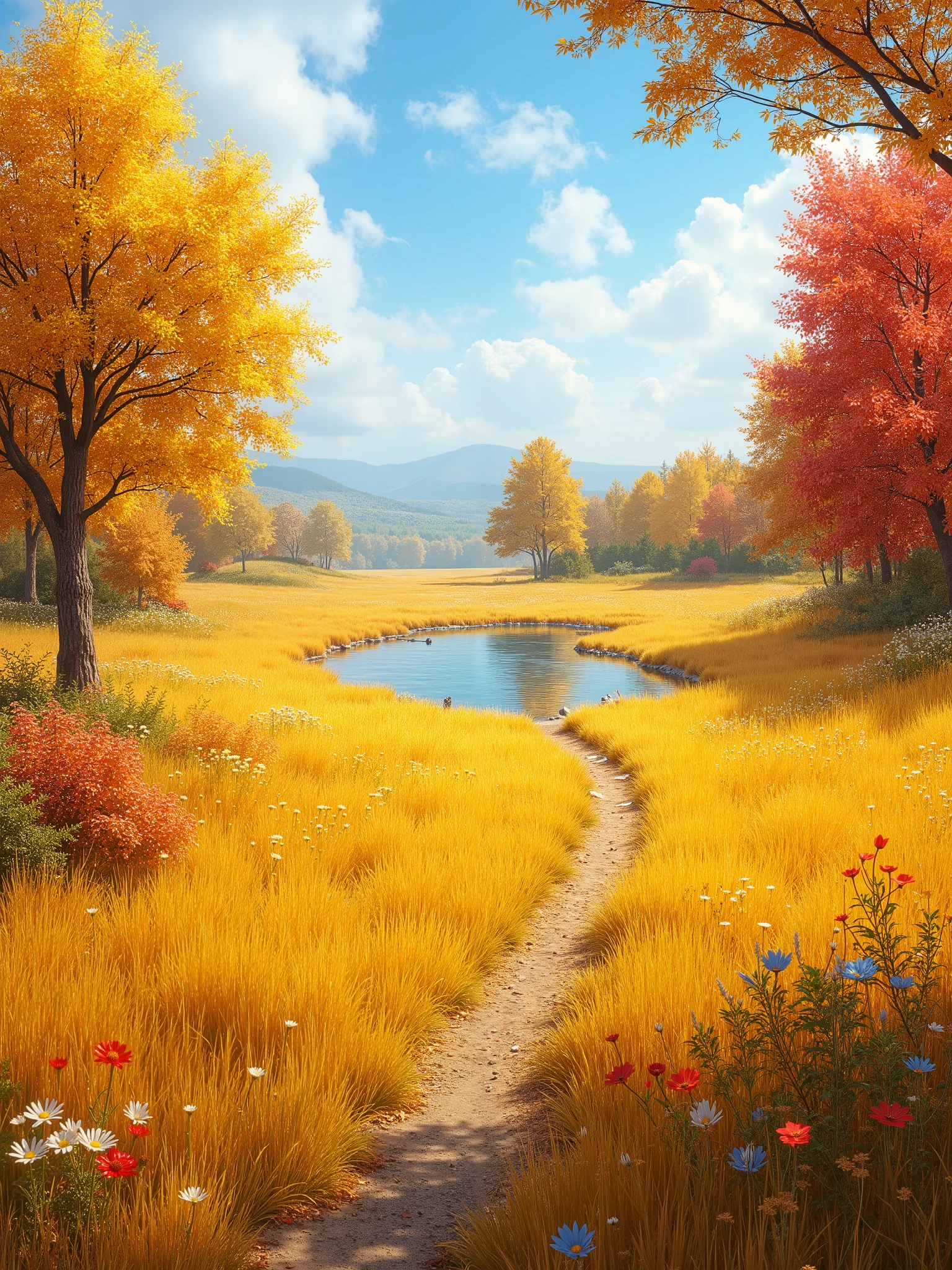 realistic photo of a yellow meadows from a fairy tail; autumn; day time; sunny; yellow grass; yellow and red leaves at trees and bushes; a small pond in the distance; there are few small stones at the shores of he pond; clear blue sky; warm autumn weather; some white, red and blue flowers in the grass; a road passing through the photo