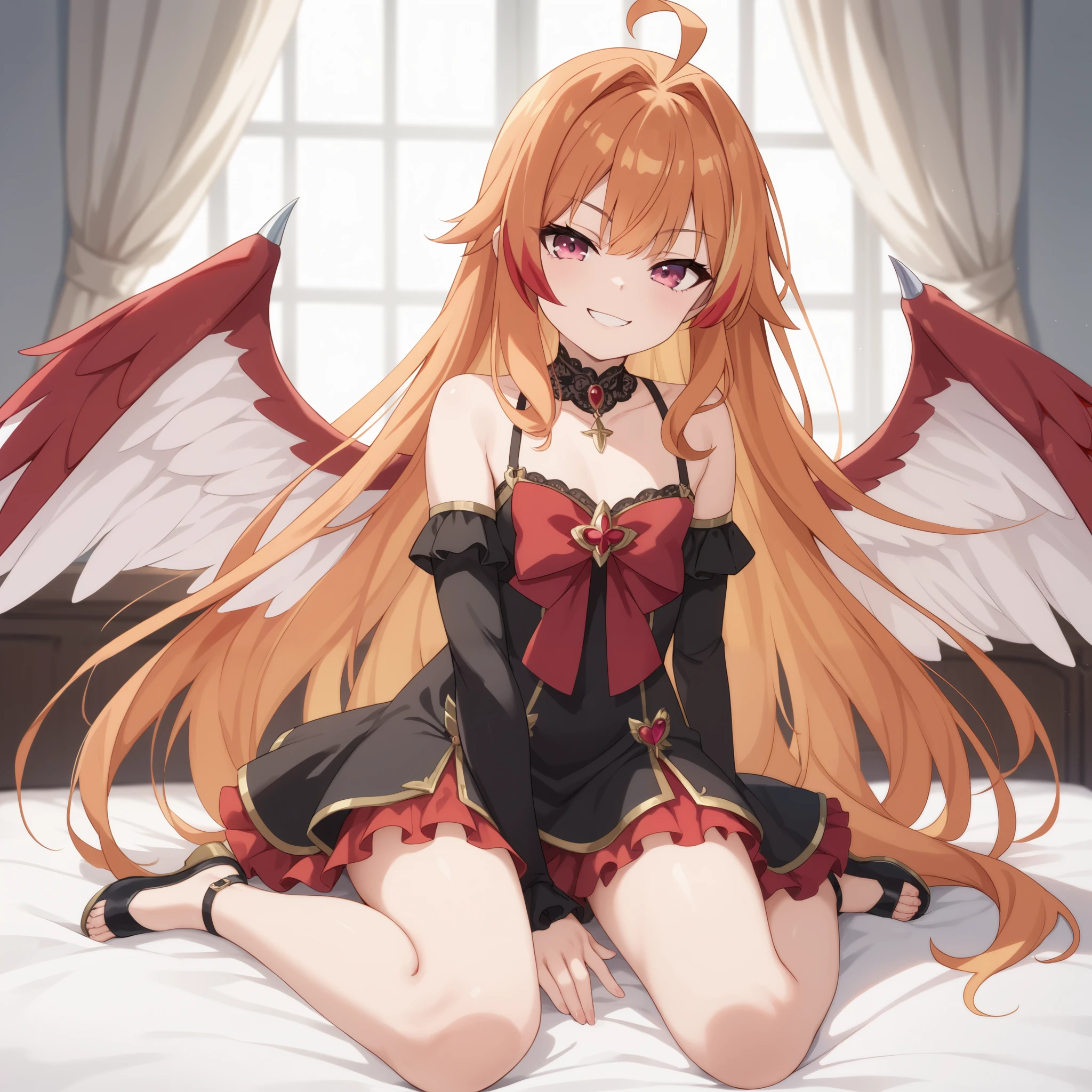 1girl, solo, long hair, golden hair, orange hair, red hair, multicolored hair, crimson-pink eyes, white wings, red wings, multicolored wings, ahoge, red dress, black dress, multicolored dress, mischievous, smirk, looking at viewer, viewer POV, young, very young, cute, sitting no bed, full body, loosen hair, no hair style.