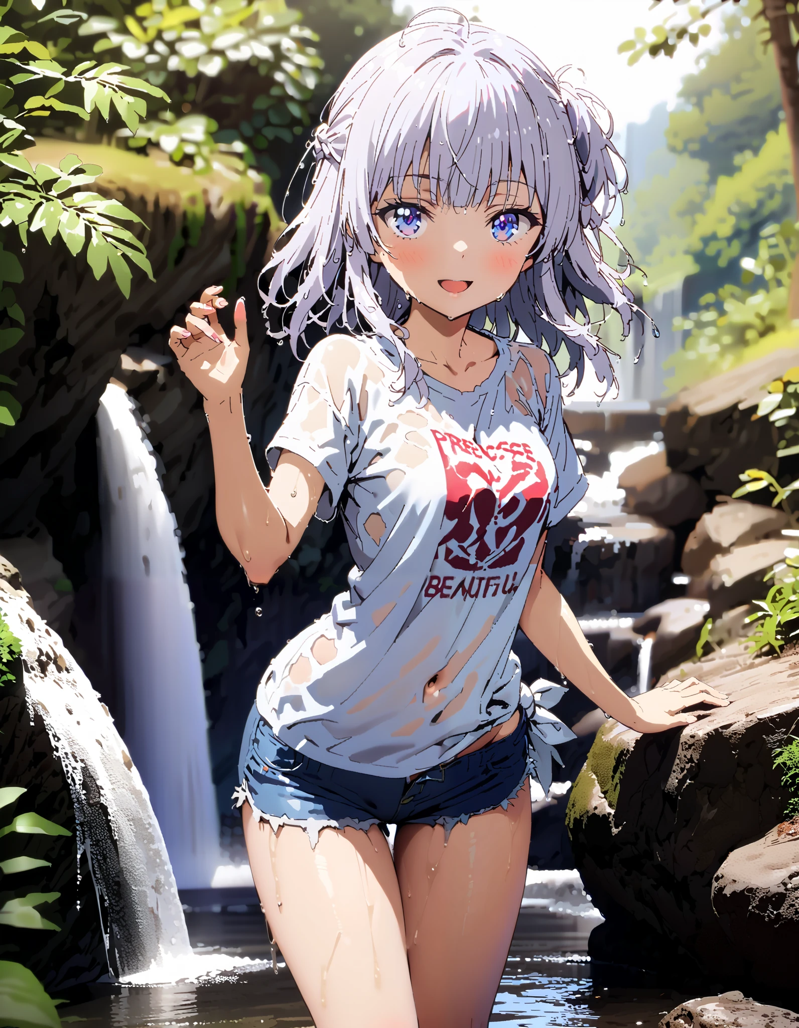 score_9, score_8_ up, score_7_ up, source_Anime,
Alice Sakayanagi , Sakayanagi Alice, long hair, bangs, 紫色の目, Gray Hair, blunt bangs,smile,blush, open their mouths,oversized t-shirt,The hem of the shirt is tied, belly button out, denim micro shorts ,Bare legs, wet skin,Wet clothes, wet hair, sunlight filtering through the trees, playing in the water, is standing,river遊び,whole bodyがイラストに入るように,
break looking at viewer,whole body,
break outdoors, river,forest林,waterfall,forest,,
break (masterpiece:1.2), best quality, high resolution, Unity 8K Wallpaper, (figure:0.8), ( precise and beautiful eyes:1.6), Highly Detailed Face , perfect lighting, very precise CG, ( perfect hand, perfect anatomy),