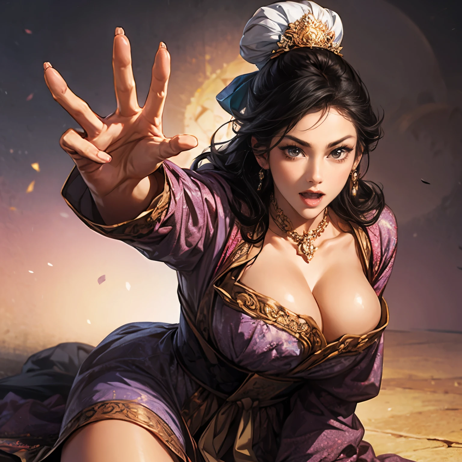 (( from head to thigh)), Three Kingdoms illustration , Female solo, Beautiful Woman, beautiful face, perfect hand , ( black hair ), sexy expression , wink your eyes, excited expression, Various facial expressions, various poses, standing pose, sitting pose, Brilliant background , blurry background
