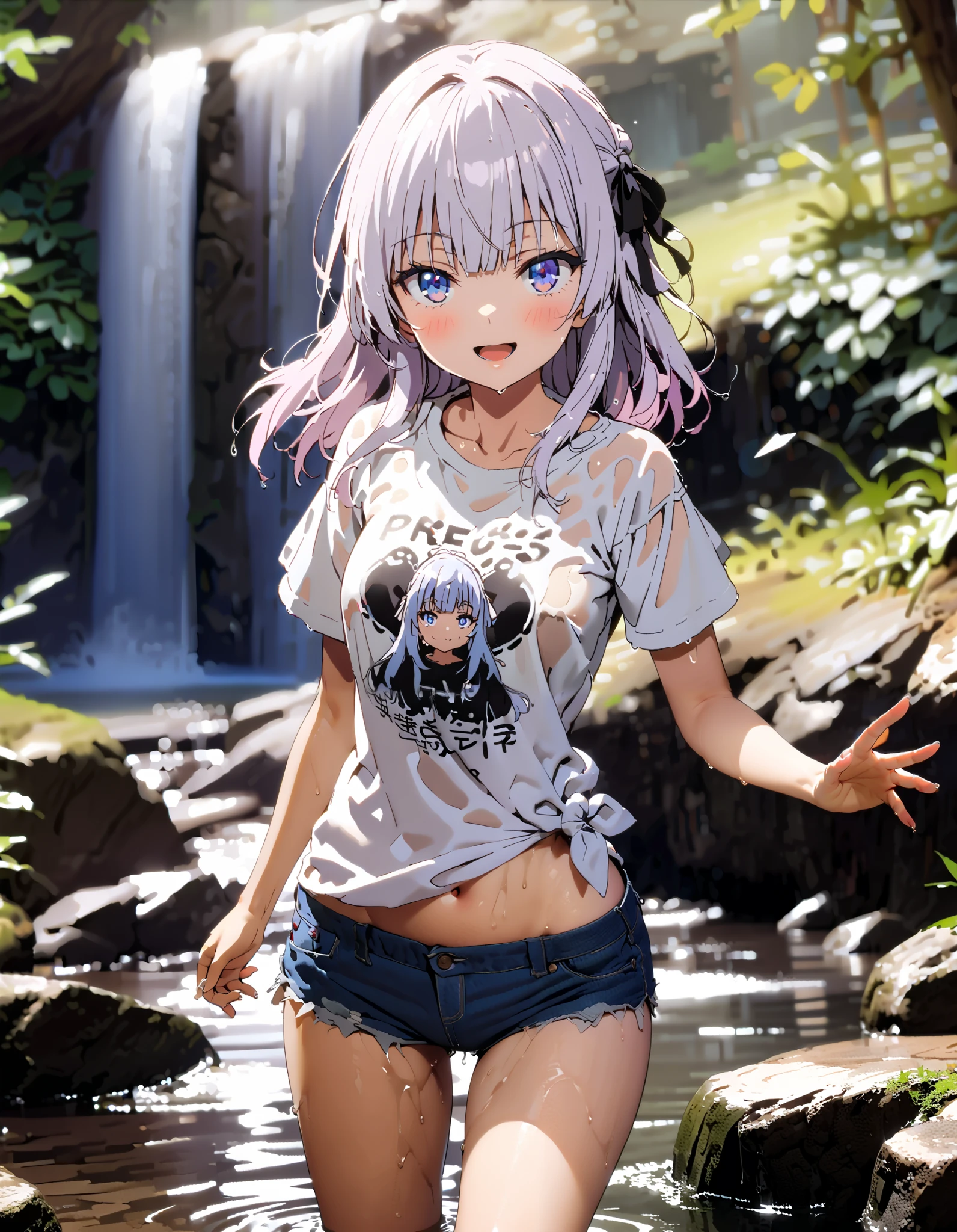 score_9, score_8_ up, score_7_ up, source_Anime,
Alice Sakayanagi , Sakayanagi Alice, long hair, bangs, 紫色の目, Gray Hair, blunt bangs,smile,blush, open their mouths,oversized t-shirt,The hem of the shirt is tied, belly button out, denim micro shorts ,Bare legs, wet skin,Wet clothes, wet hair, sunlight filtering through the trees, playing in the water, is standing,river遊び,whole bodyがイラストに入るように,
break looking at viewer,whole body,
break outdoors, river,forest林,waterfall,forest,,
break (masterpiece:1.2), best quality, high resolution, Unity 8K Wallpaper, (figure:0.8), ( precise and beautiful eyes:1.6), Highly Detailed Face , perfect lighting, very precise CG, ( perfect hand, perfect anatomy),
