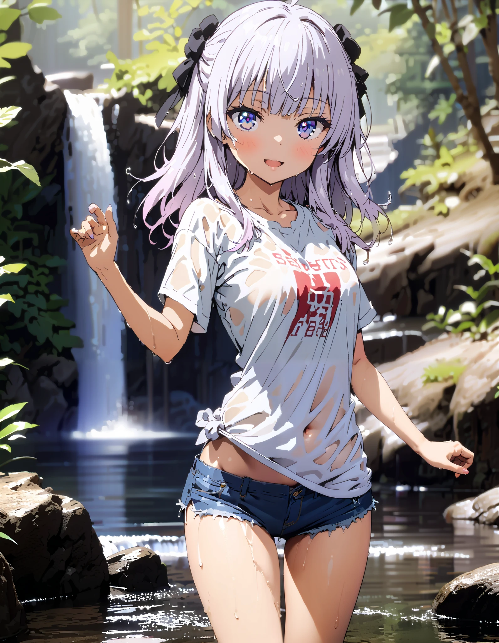 score_9, score_8_ up, score_7_ up, source_Anime,
Alice Sakayanagi , Sakayanagi Alice, long hair, bangs, 紫色の目, Gray Hair, blunt bangs,smile,blush, open their mouths,oversized t-shirt,The hem of the shirt is tied, belly button out, denim micro shorts ,Bare legs, wet skin,Wet clothes, wet hair, sunlight filtering through the trees, playing in the water, is standing,river遊び,whole bodyがイラストに入るように,
break looking at viewer,whole body,
break outdoors, river,forest林,waterfall,forest,,
break (masterpiece:1.2), best quality, high resolution, Unity 8K Wallpaper, (figure:0.8), ( precise and beautiful eyes:1.6), Highly Detailed Face , perfect lighting, very precise CG, ( perfect hand, perfect anatomy),