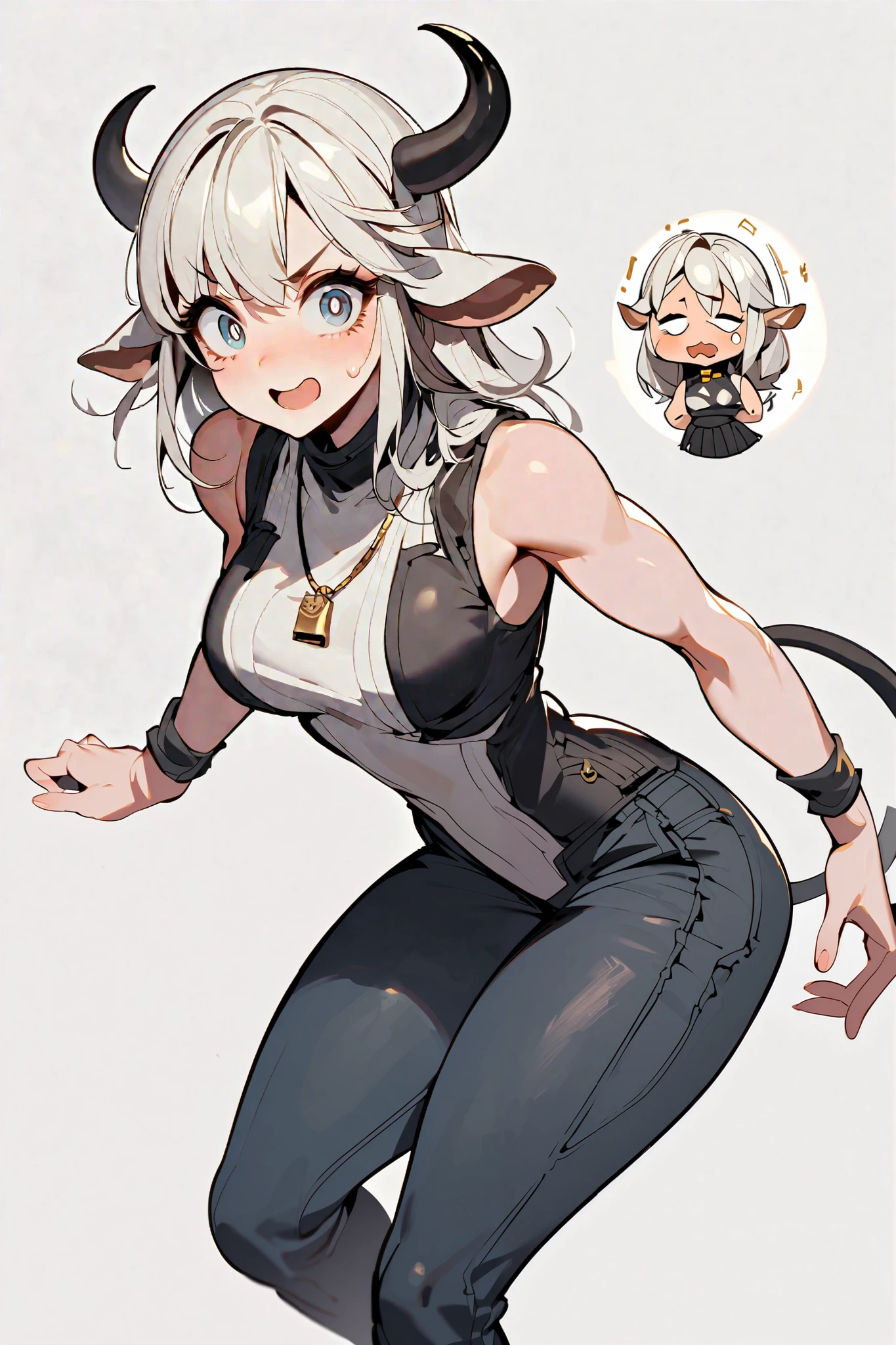 appearance:
Body: A sturdy and athletic figure , with strong legs and toned arms . She has cow ears instead of human , Short and curved horns , and a tail with a tuft of hair on the tip . Your skin has black and white spots similar to the pattern of a cow .
Clothes: She wears an outfit that mixes it practical with the striking . A sleeveless leather jacket , a tight top that reveals part of its stains and worn denim pants. She usually wears reinforced combat boots .
accessories: She always wears a necklace that reminds of a cowbell , But instead of dreaming , she vibrates slightly when she is angry or excited .
rostro: An attractive face , with big eyes and pronounced eyelashes . She usually wears simple makeup , but with a healthy glow .