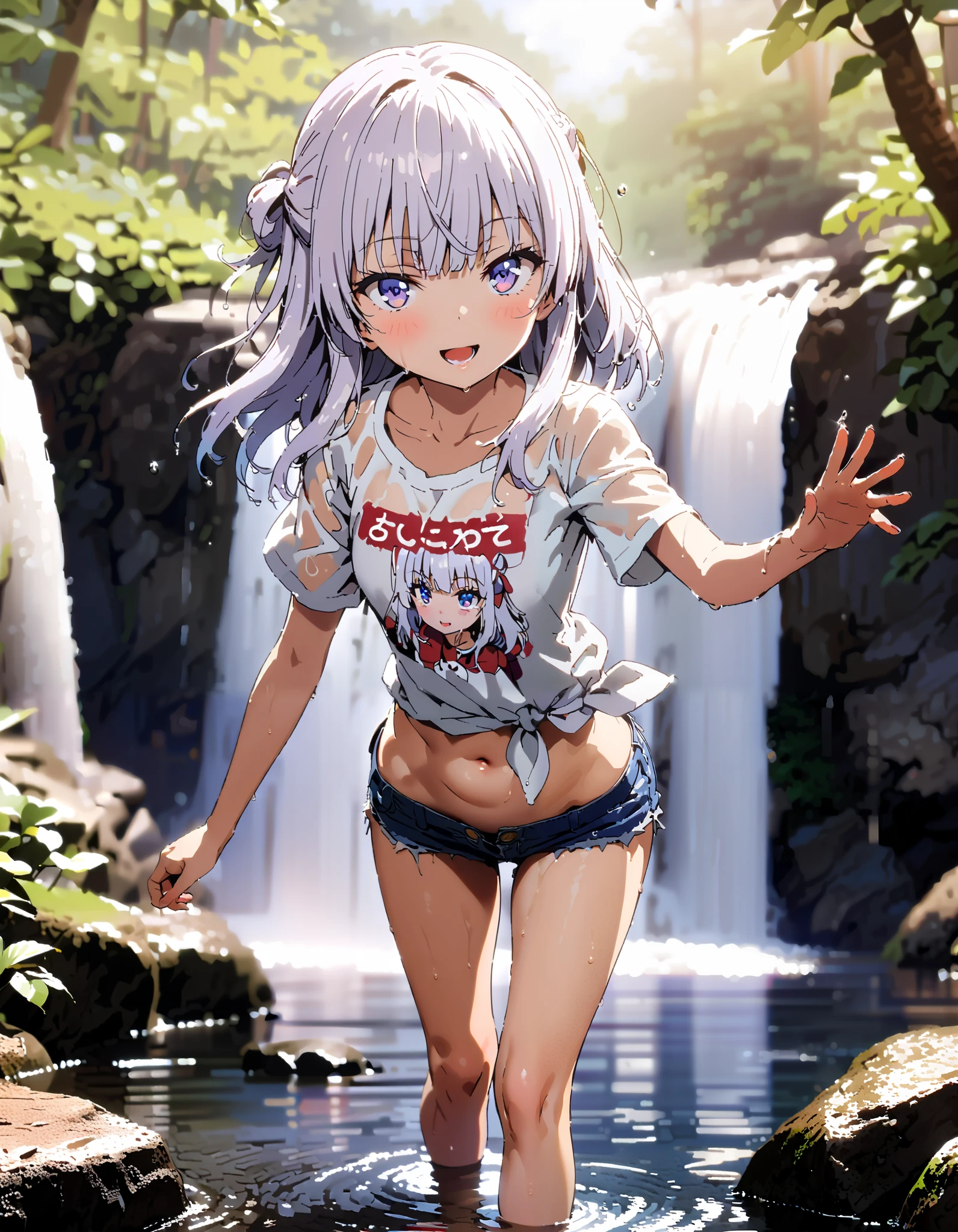 score_9, score_8_ up, score_7_ up, source_Anime,
Alice Sakayanagi , Sakayanagi Alice, long hair, bangs, 紫色の目, Gray Hair, blunt bangs,smile,blush, open their mouths,oversized t-shirt,The hem of the shirt is tied, belly button out, denim micro shorts ,Bare legs, wet skin,Wet clothes, wet hair, sunlight filtering through the trees, playing in the water, is standing,river遊び,whole bodyがイラストに入るように,
break looking at viewer,whole body,
break outdoors, river,forest林,waterfall,forest,,
break (masterpiece:1.2), best quality, high resolution, Unity 8K Wallpaper, (figure:0.8), ( precise and beautiful eyes:1.6), Highly Detailed Face , perfect lighting, very precise CG, ( perfect hand, perfect anatomy),