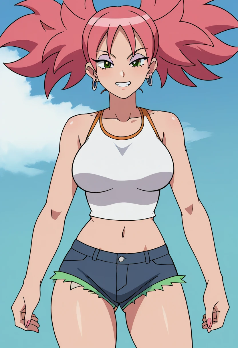 ((Masterpiece)), 8k wallpaper,,best quality,(standing ),(looking at viewer), purple eyes, ( perfect hips),(detailed position body),cowboy shot, nishikino maki, red tank top, blue pants, hard erect nipples, smile, in Egyptian desert,1980s \(style\)