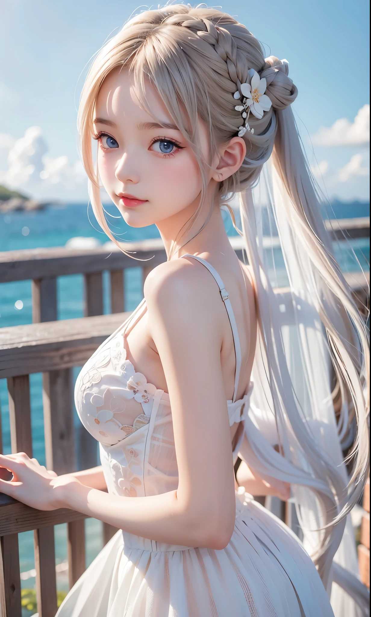 There is a woman in a white dress, artwork in the style of Gwaiz, Gwaiz on pixiv artstation, Gwaiz on artstation pixiv, Gwaiz, Fantasy art style, Gwaiz masterpiece, Beautiful and elegant queen, Beautiful character drawings, Detailed digital anime art, Blonde Princess, Gray Hair, Sky blue eyes, Pink Lips, from side