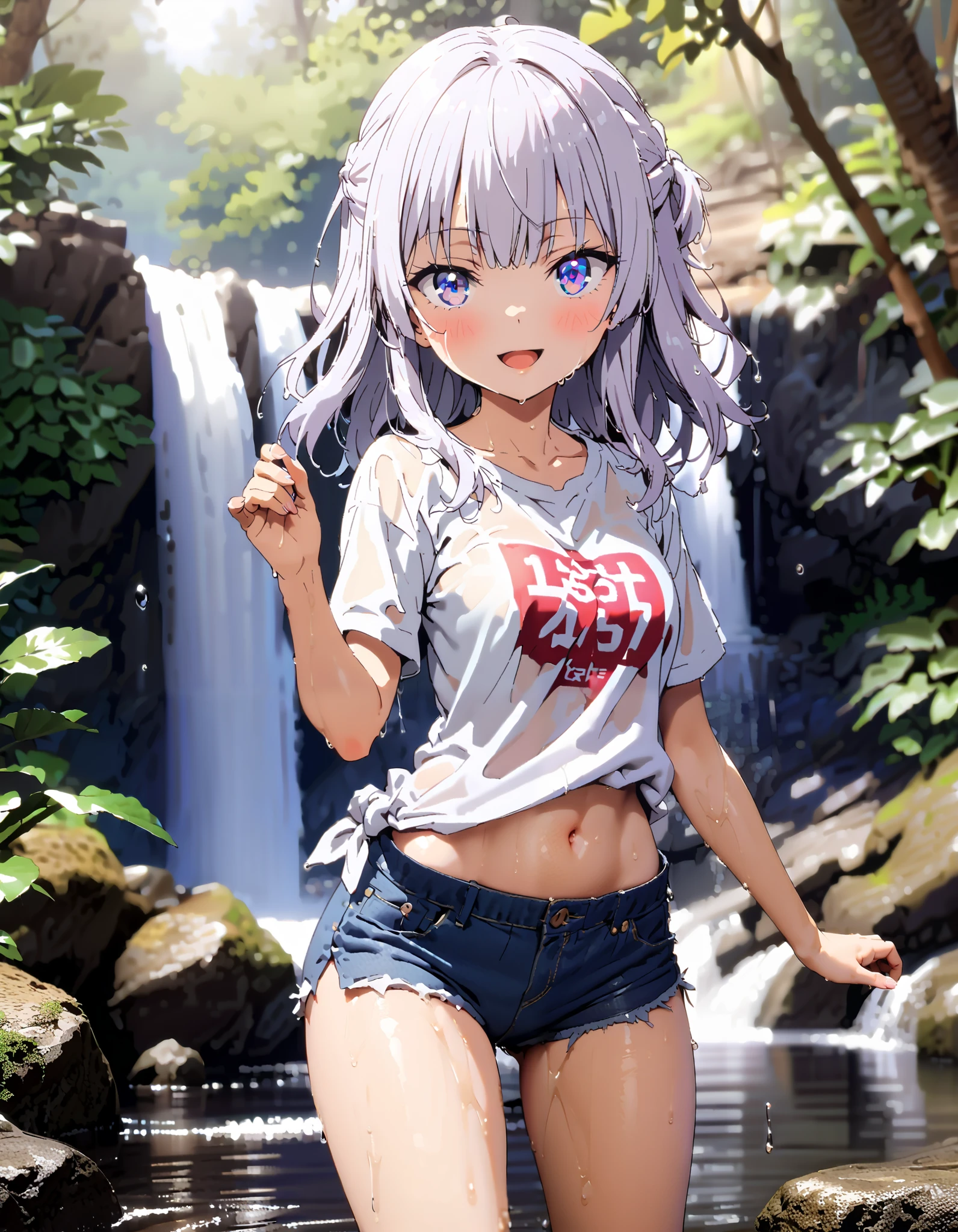 score_9, score_8_ up, score_7_ up, source_Anime,
Alice Sakayanagi , Sakayanagi Alice, long hair, bangs, 紫色の目, Gray Hair, blunt bangs,smile,blush, open their mouths,oversized t-shirt,The hem of the shirt is tied, belly button out, denim micro shorts ,Bare legs, wet skin,Wet clothes, wet hair, sunlight filtering through the trees, playing in the water, is standing,river遊び,whole bodyがイラストに入るように,
break looking at viewer,whole body,
break outdoors, river,forest林,waterfall,forest,,
break (masterpiece:1.2), best quality, high resolution, Unity 8K Wallpaper, (figure:0.8), ( precise and beautiful eyes:1.6), Highly Detailed Face , perfect lighting, very precise CG, ( perfect hand, perfect anatomy),