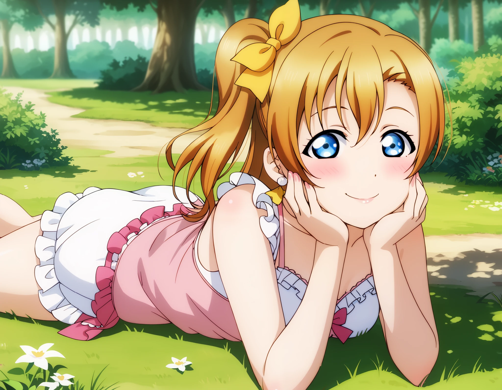 (Masterpiece, Best Quality, High Quality), anime style, love live,kousaka honoka , kousaka honoka,id_honoka_kosaka,love live, blue eyes, brown hair, 8k wallpaper, looking at viewer, earrings, (blushing:1.2) , laying on ground, on stomach, negligee , smile ,grass, hands in cheeks, elbow support, tree shade, front view, yellow hair ribbon