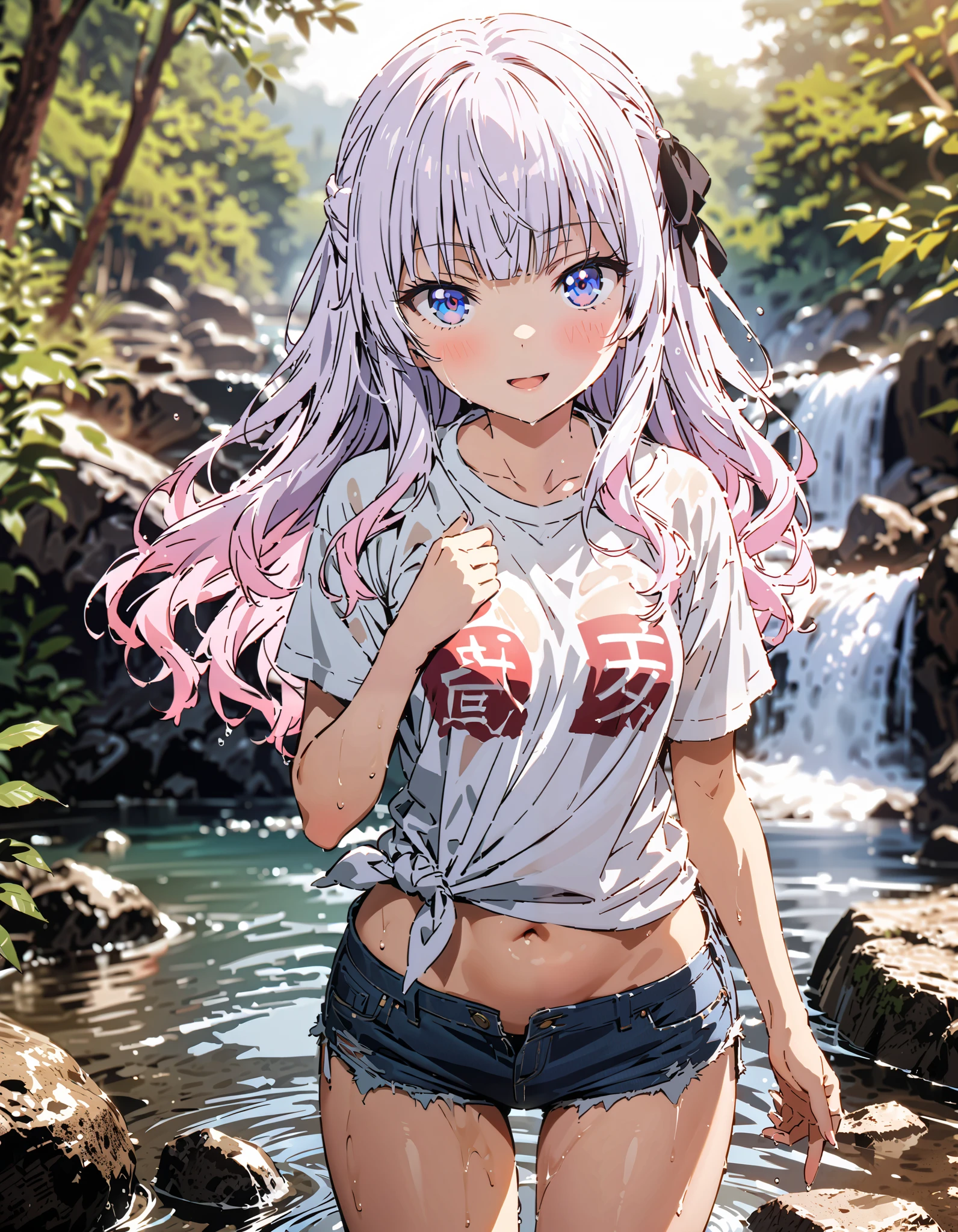 Alice Sakayanagi , Sakayanagi Alice, Alone, long hair, bangs, 紫色の目, Gray Hair, blunt bangs,smile,blush, open their mouths,oversized t-shirt,The hem of the shirt is tied, belly button out, denim micro shorts ,Bare legs, wet skin,Wet clothes, wet hair, sunlight filtering through the trees, playing in the water, is standing,river遊び,whole bodyがイラストに入るように,
break looking at viewer,whole body,
break outdoors, river,forest林,waterfall,forest,,
break (masterpiece:1.2), best quality, high resolution, Unity 8K Wallpaper, (figure:0.8), ( precise and beautiful eyes:1.6), Highly Detailed Face , perfect lighting, very precise CG, ( perfect hand, perfect anatomy),